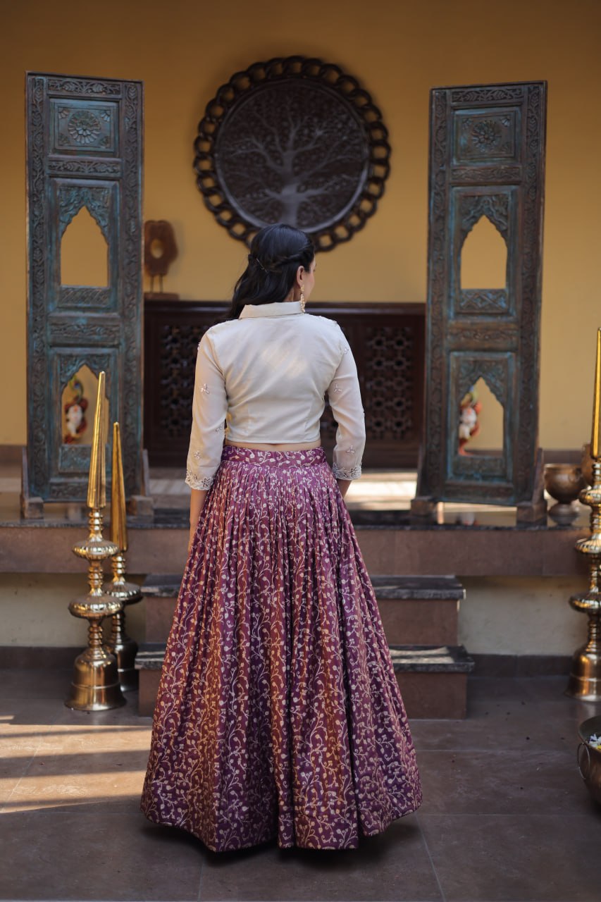 Wine Purple Cosmos Weaving Jacquard Lehenga with Ivory Beads Embroidered Blouse
