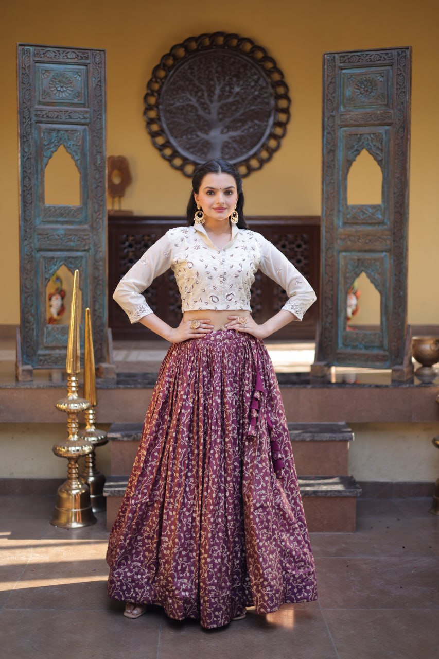 Wine Purple Cosmos Weaving Jacquard Lehenga with Ivory Beads Embroidered Blouse
