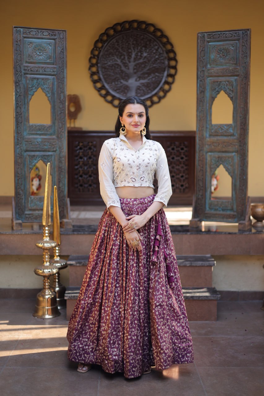 Wine Purple Cosmos Weaving Jacquard Lehenga with Ivory Beads Embroidered Blouse