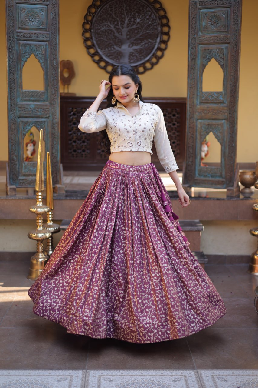 Wine Purple Cosmos Weaving Jacquard Lehenga with Ivory Beads Embroidered Blouse
