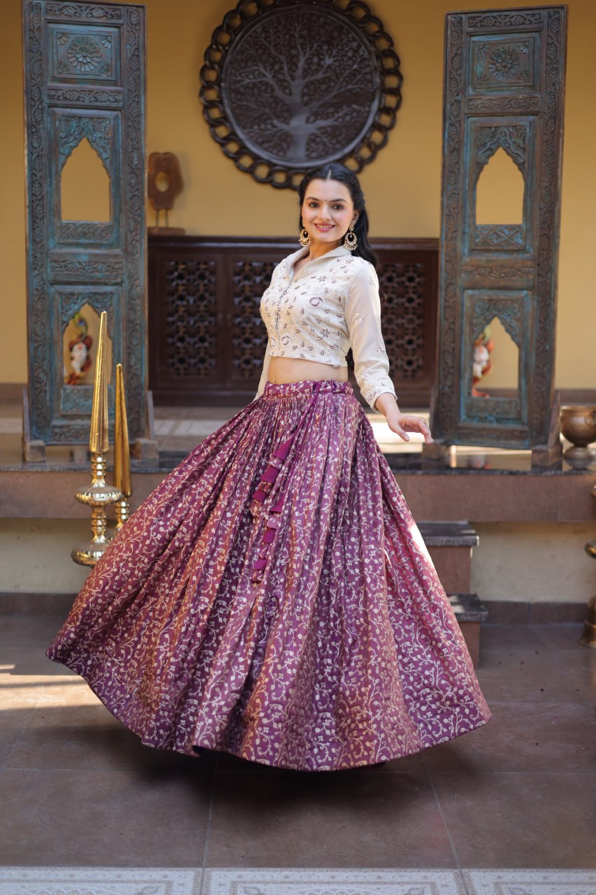 Wine Purple Cosmos Weaving Jacquard Lehenga with Ivory Beads Embroidered Blouse