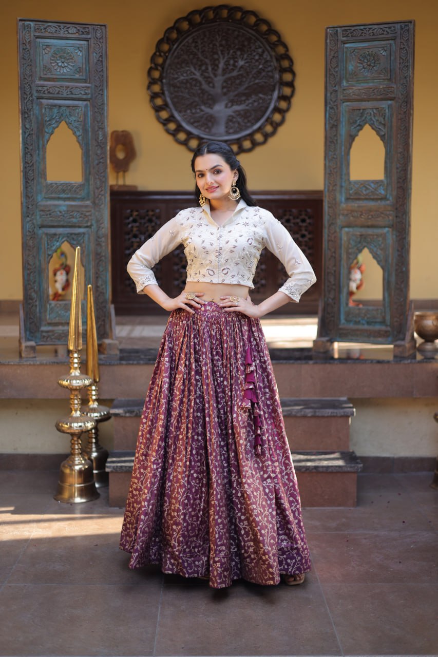 Wine Purple Cosmos Weaving Jacquard Lehenga with Ivory Beads Embroidered Blouse