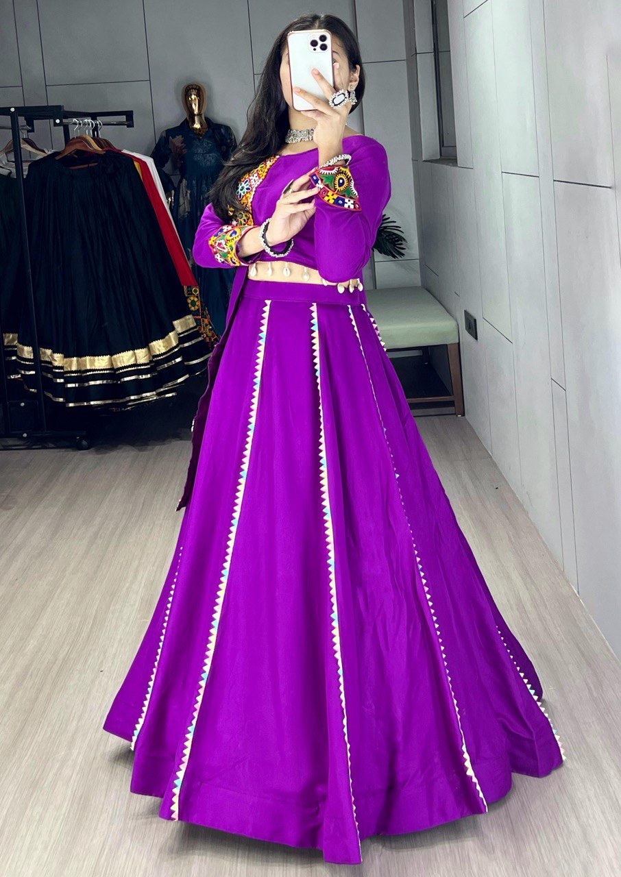 Royal Purple Pure Rayon Cotton Navratri Lehenga Choli with Gamthi Mirror Work
