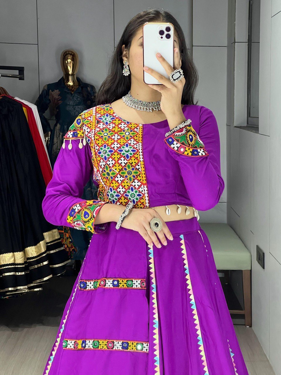 Royal Purple Pure Rayon Cotton Navratri Lehenga Choli with Gamthi Mirror Work