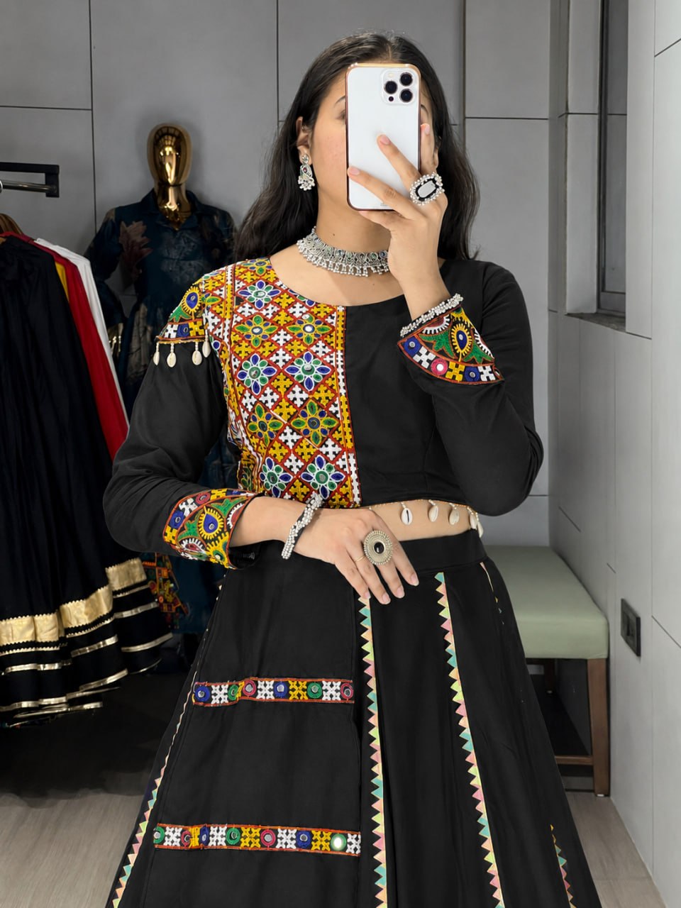 Classic Black Pure Rayon Cotton Navratri Lehenga Choli with Gamthi Mirror Work
