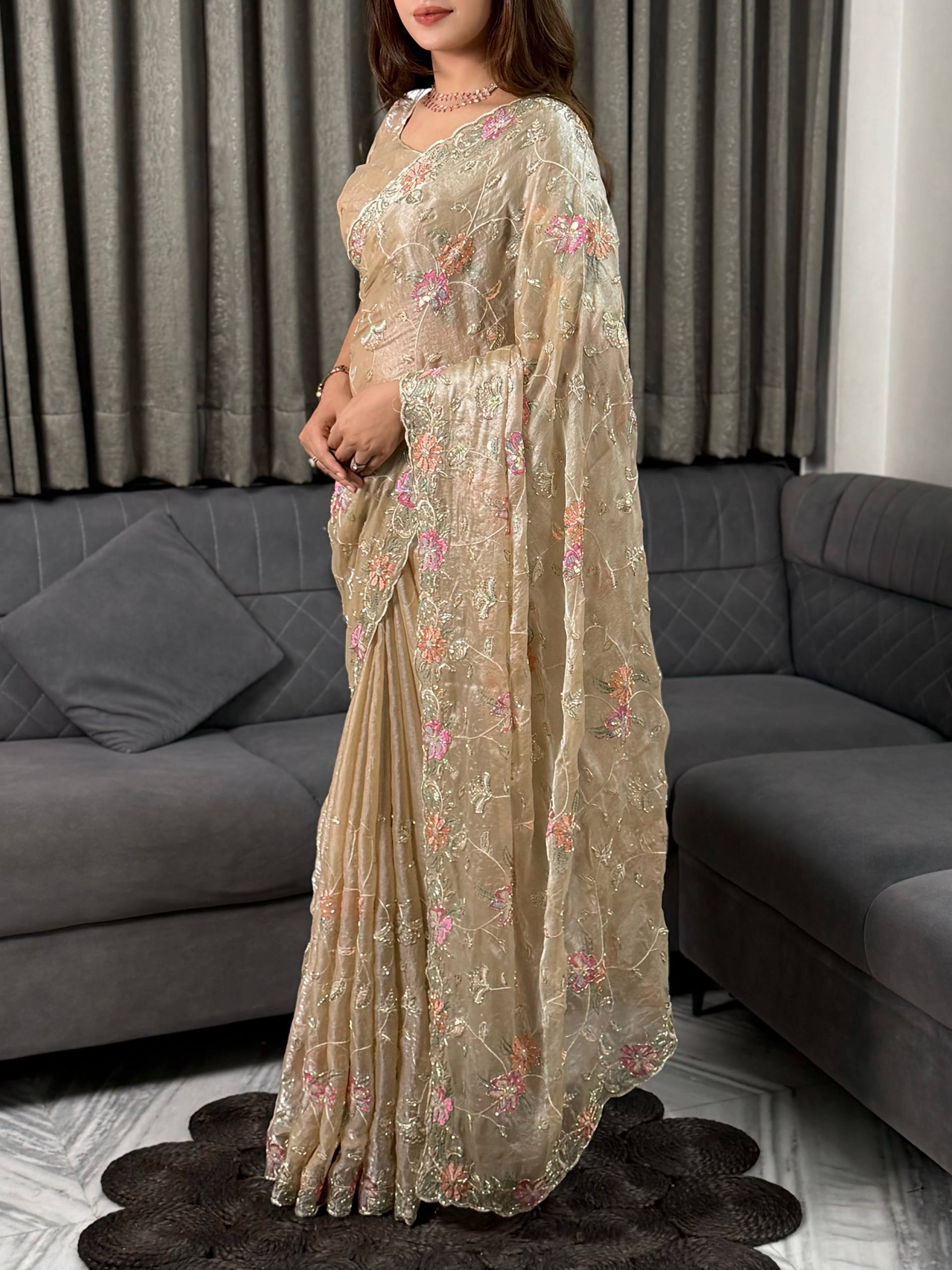 Champagne Gold Floral Embroidered Fendy Satin Party Wear Saree