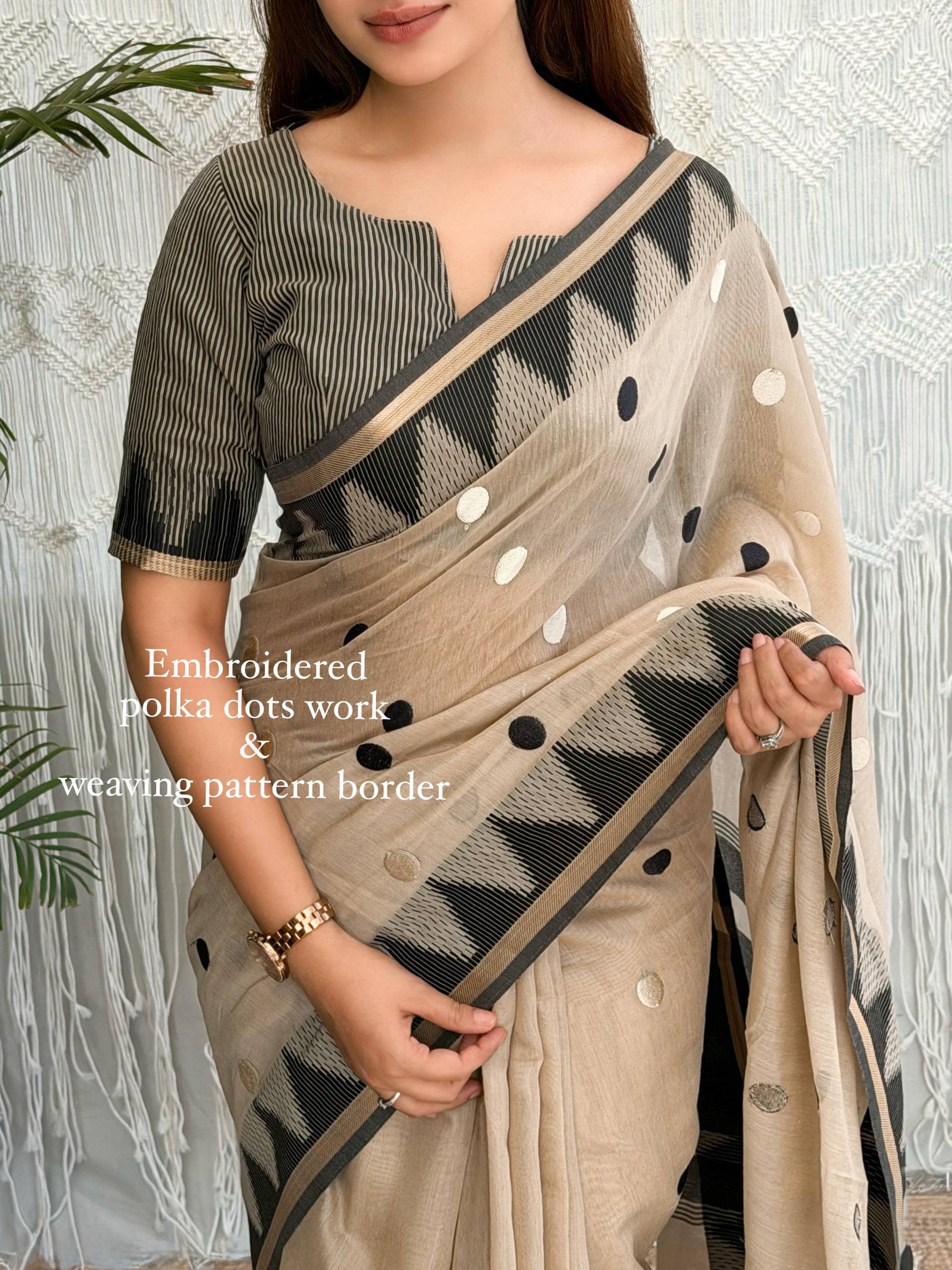 Beige & Black Modal Cotton Saree with Embroidered Polka Dots and Striped Blouse