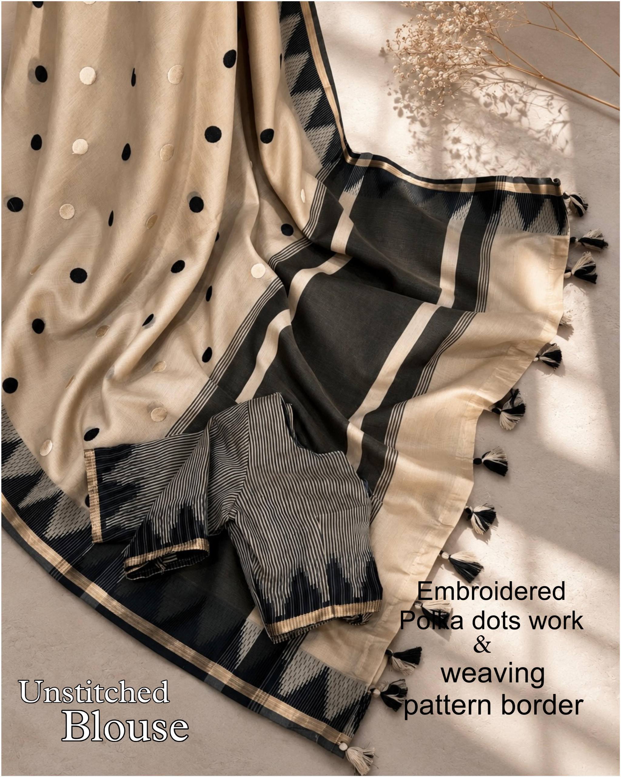 Beige & Black Modal Cotton Saree with Embroidered Polka Dots and Striped Blouse