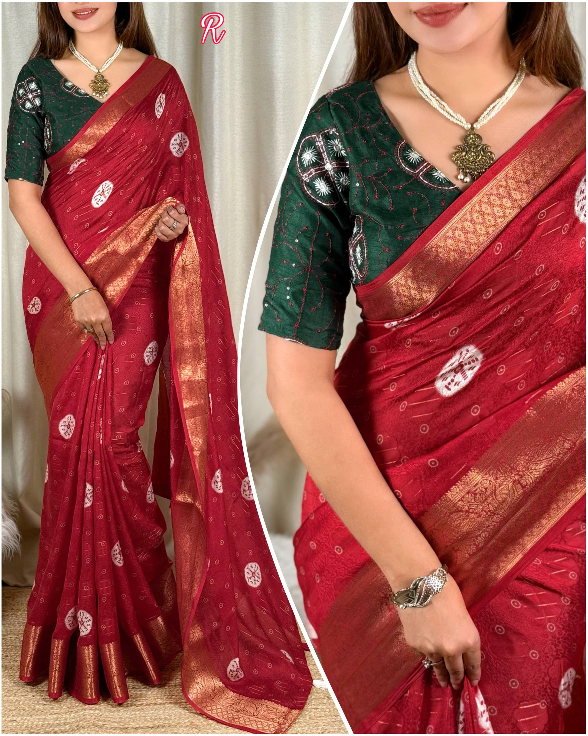 Ruby Red Moss Jacquard Saree with Bottle Green Embroidered Blouse