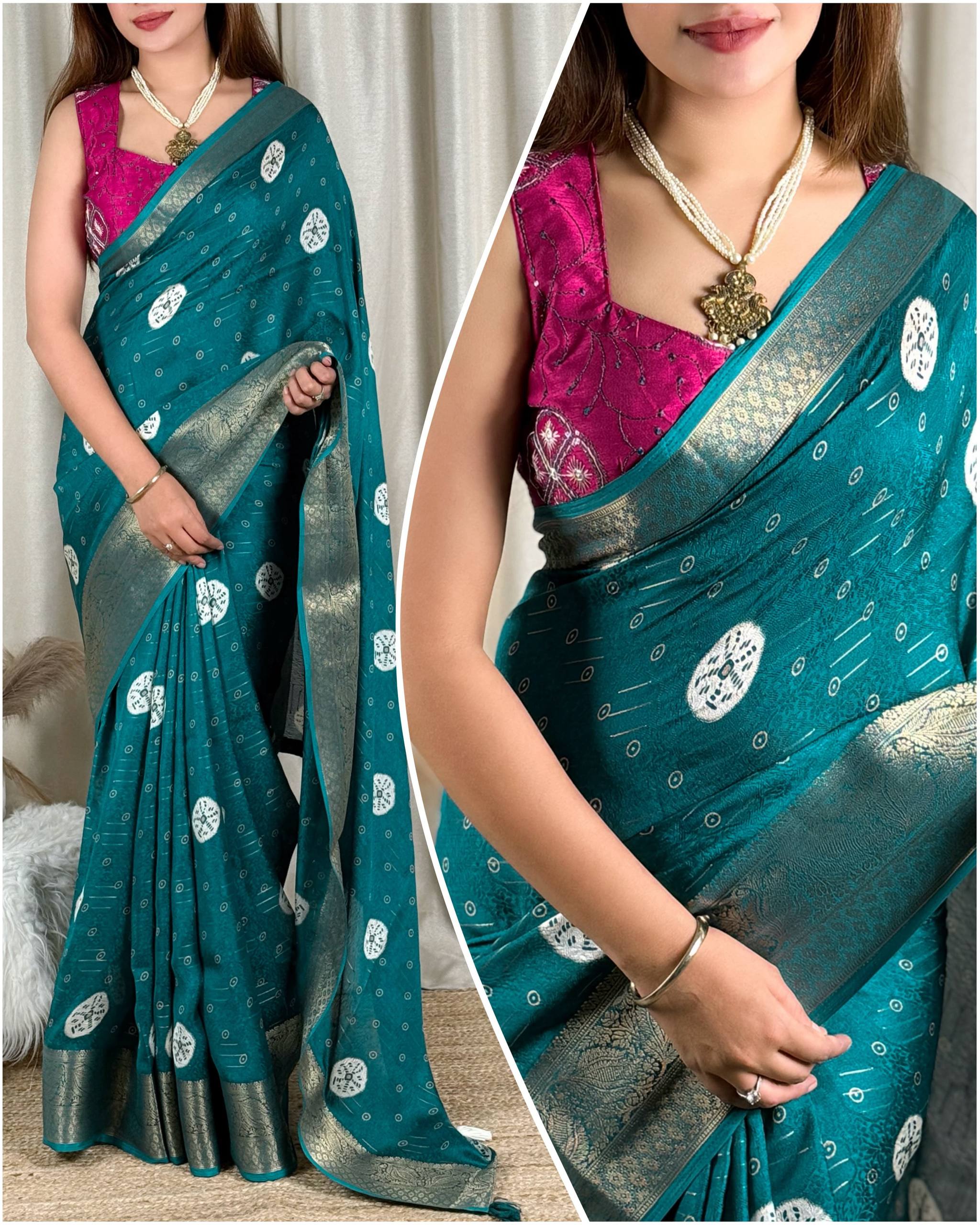 Peacock Teal Moss Jacquard Saree with Rani Pink Embroidered Blouse