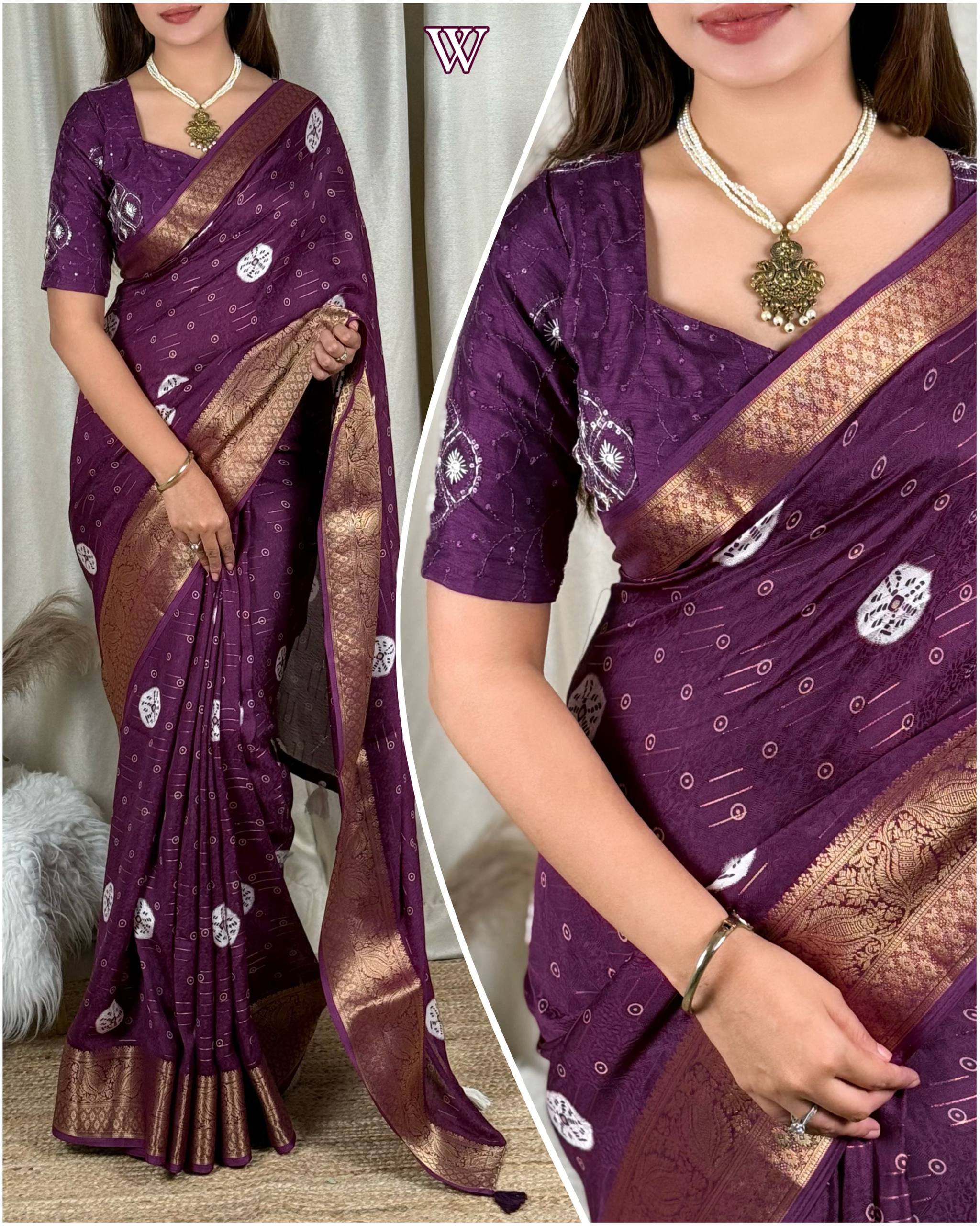 Royal Purple Moss Jacquard Saree with Matching Purple Embroidered Blouse