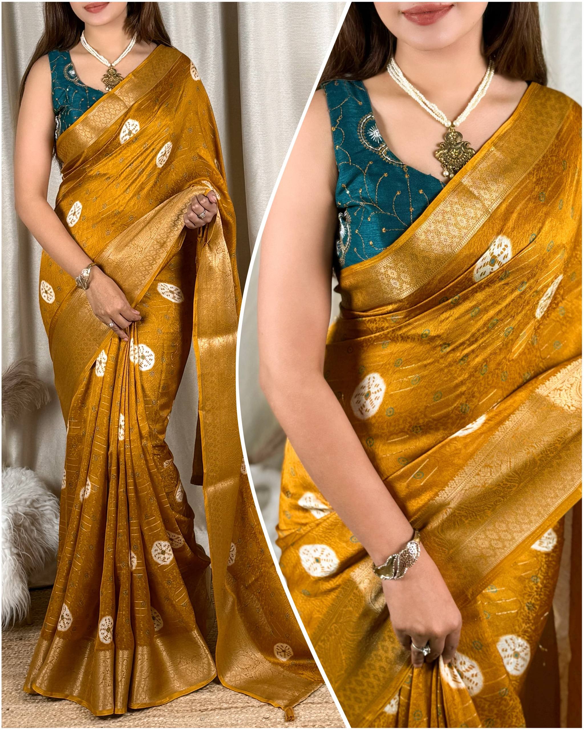 Mustard Gold Moss Jacquard Saree with Teal Blue Embroidered Blouse