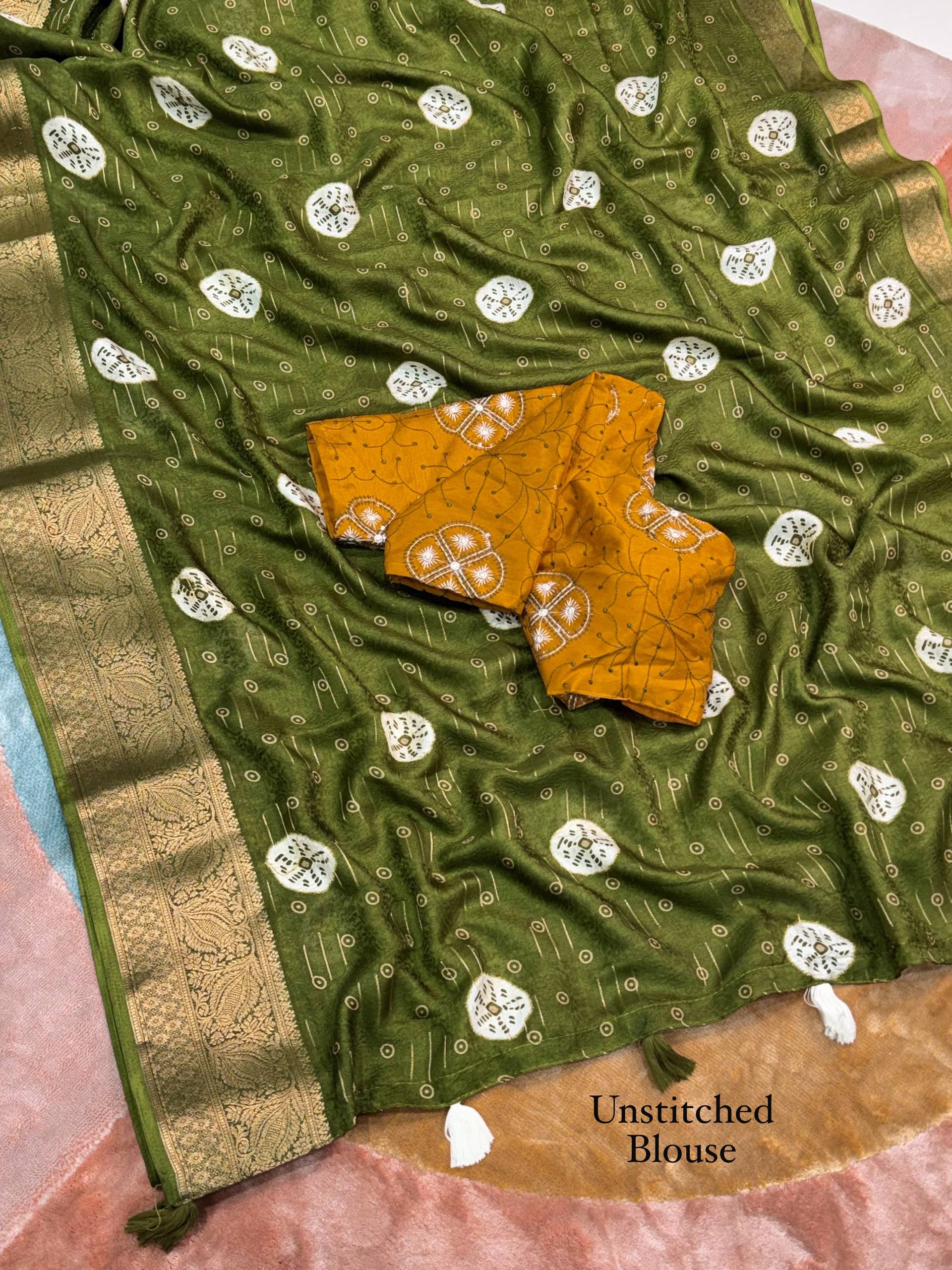 Olive Green Moss Jacquard Saree with Mustard Yellow Embroidered Blouse