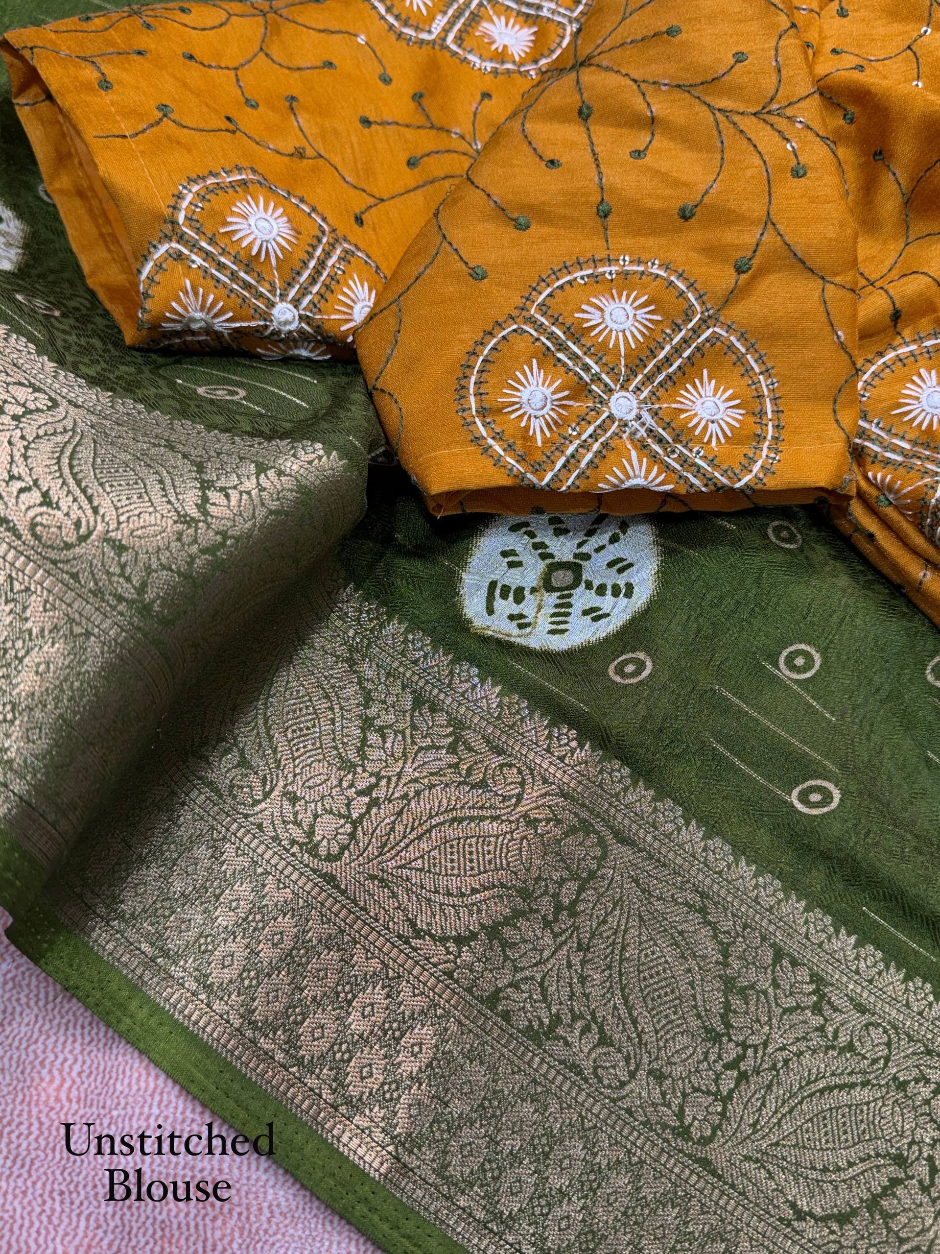 Olive Green Moss Jacquard Saree with Mustard Yellow Embroidered Blouse