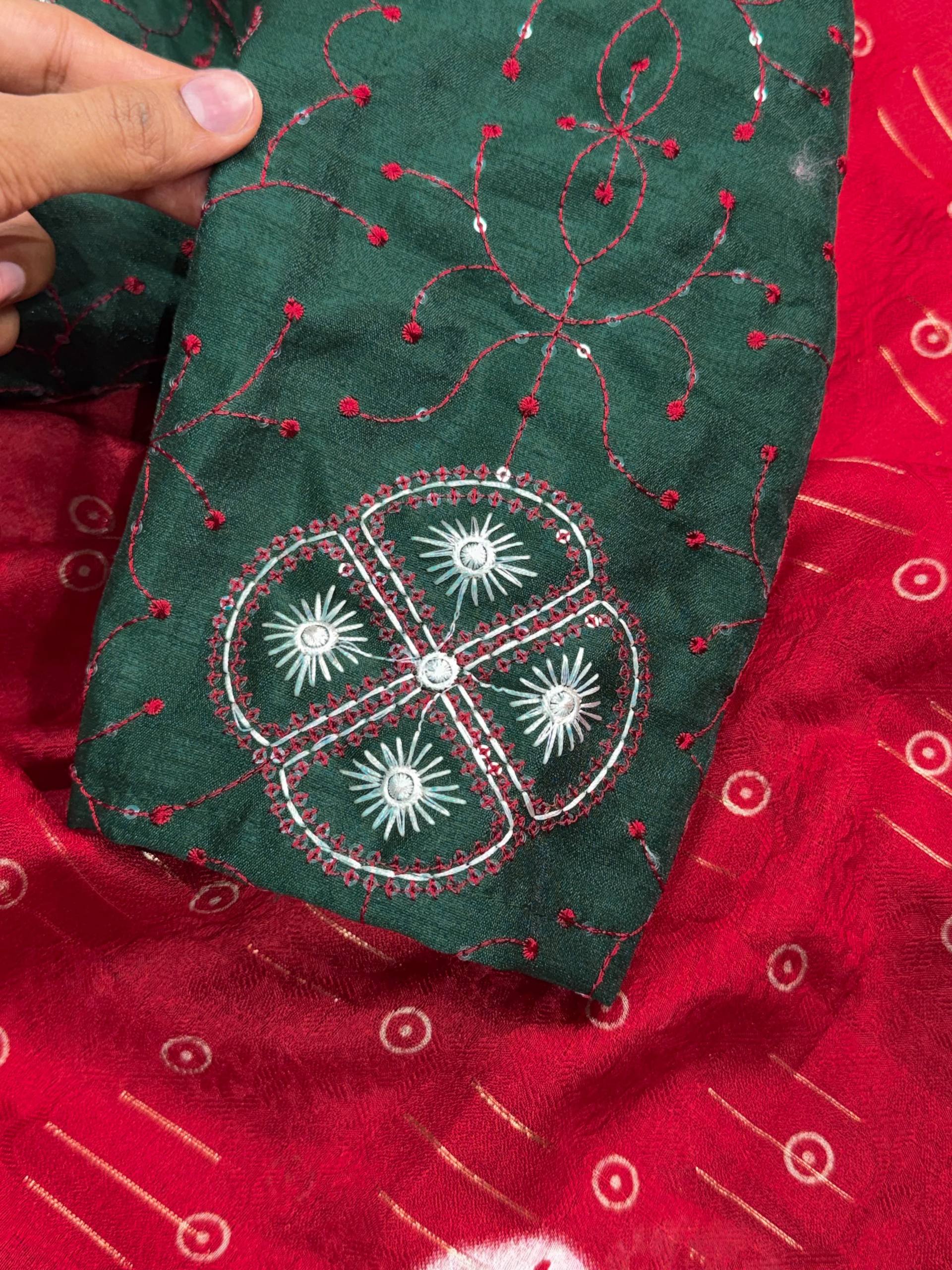 Ruby Red Moss Jacquard Saree with Bottle Green Embroidered Blouse