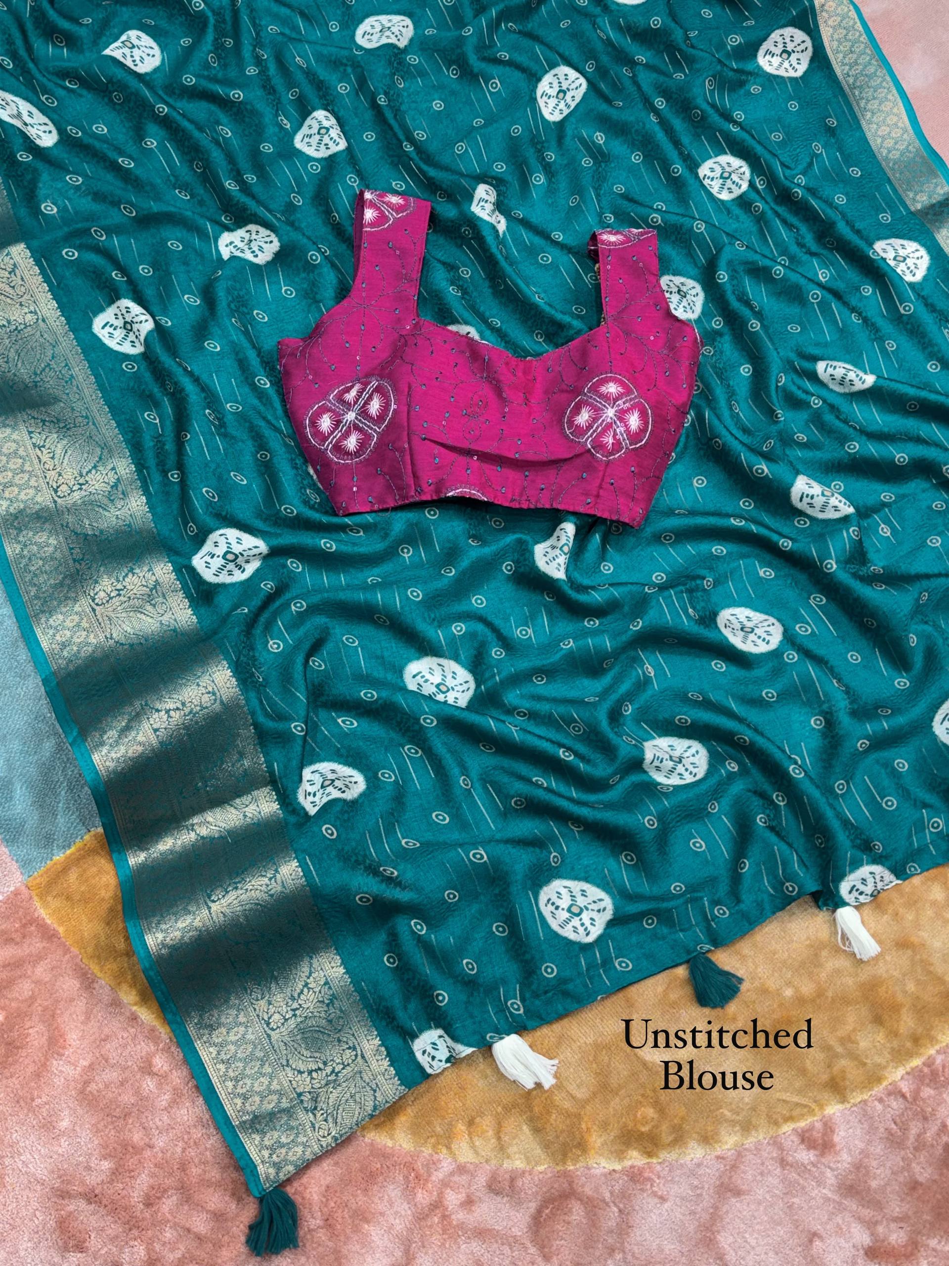 Peacock Teal Moss Jacquard Saree with Rani Pink Embroidered Blouse