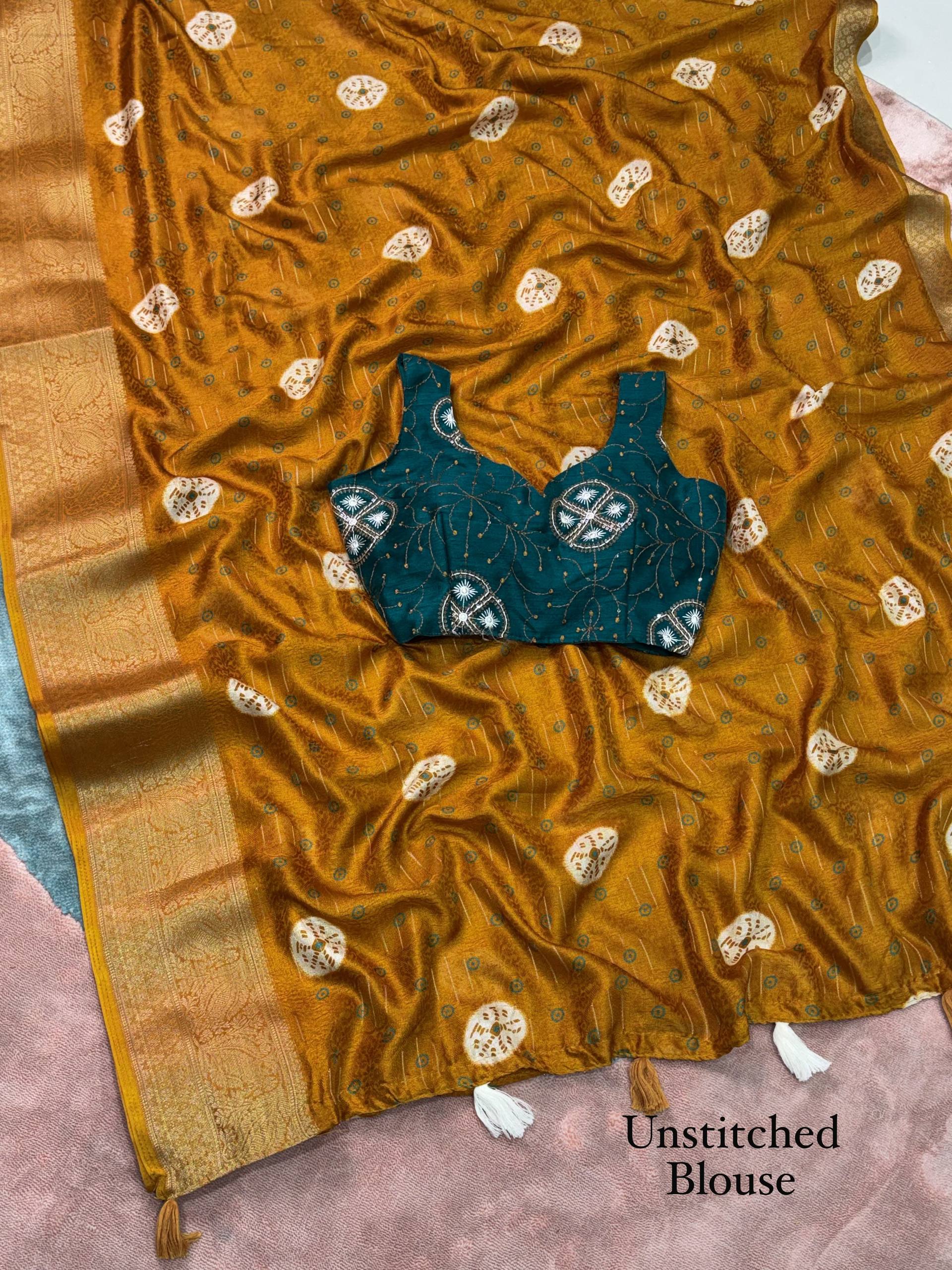 Mustard Gold Moss Jacquard Saree with Teal Blue Embroidered Blouse