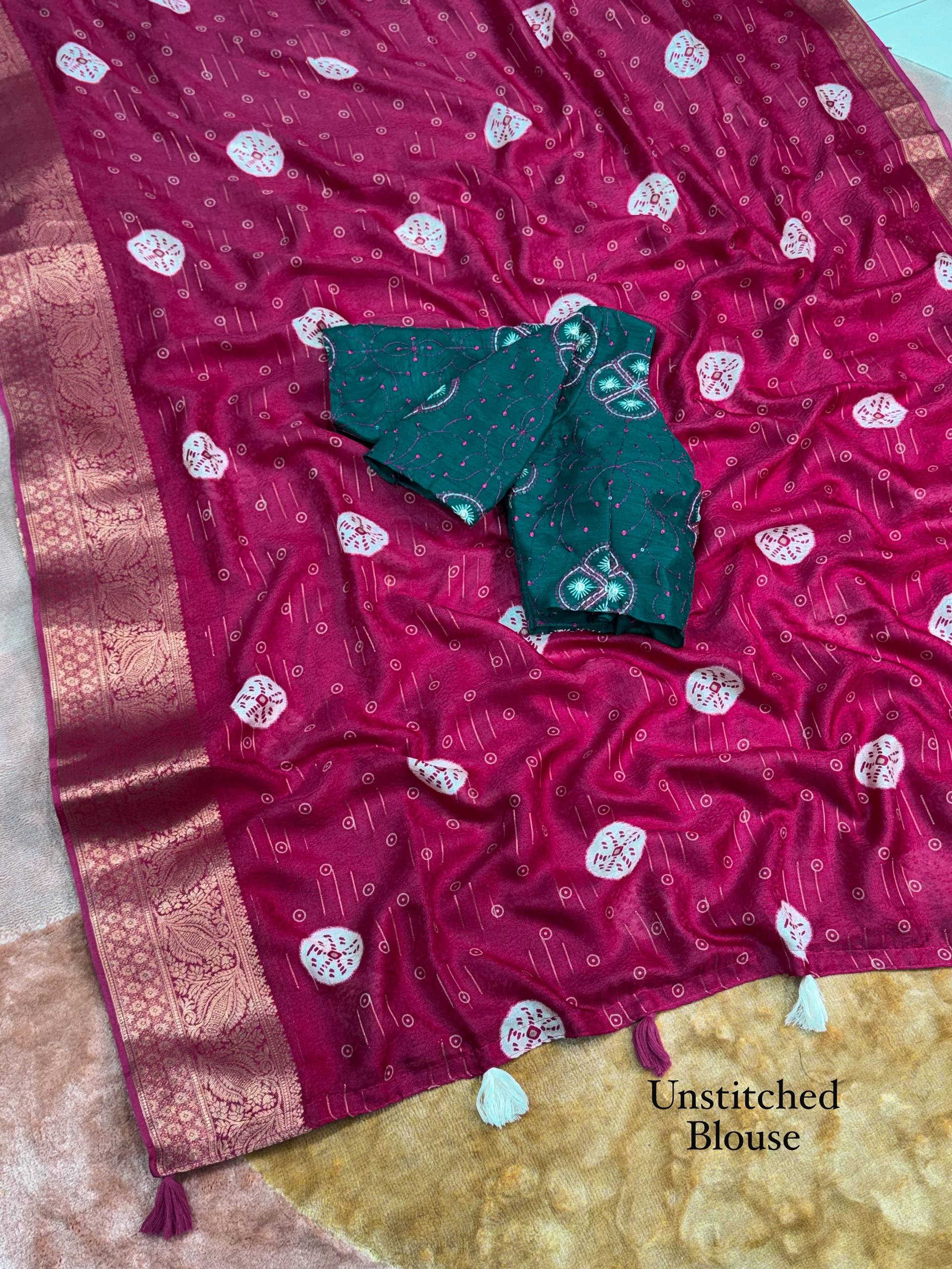 Magenta Pink Moss Jacquard Saree with Emerald Green Embroidered Blouse
