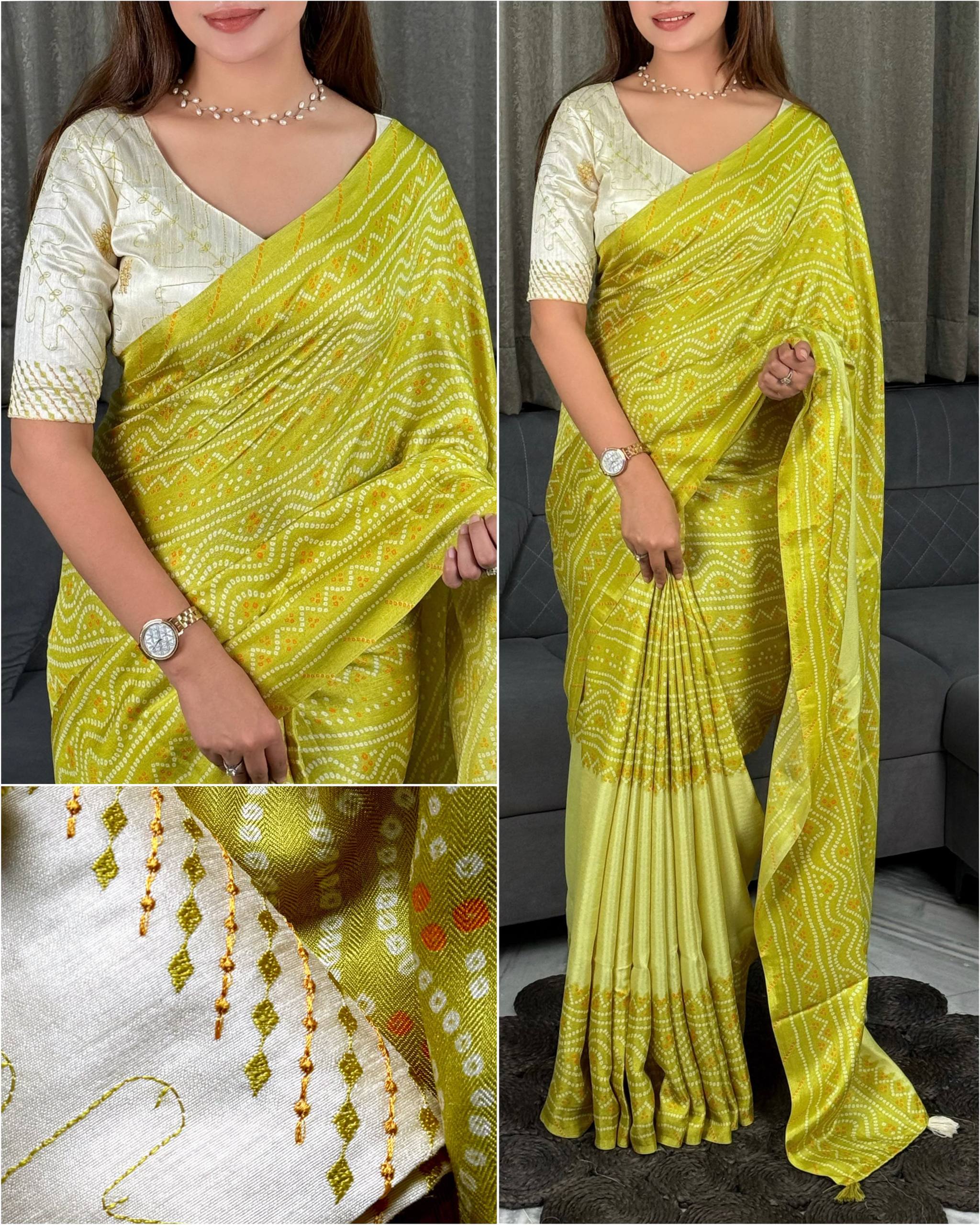 Lime Green Kota Linen Saree with Embroidered Banglori Satin Blouse