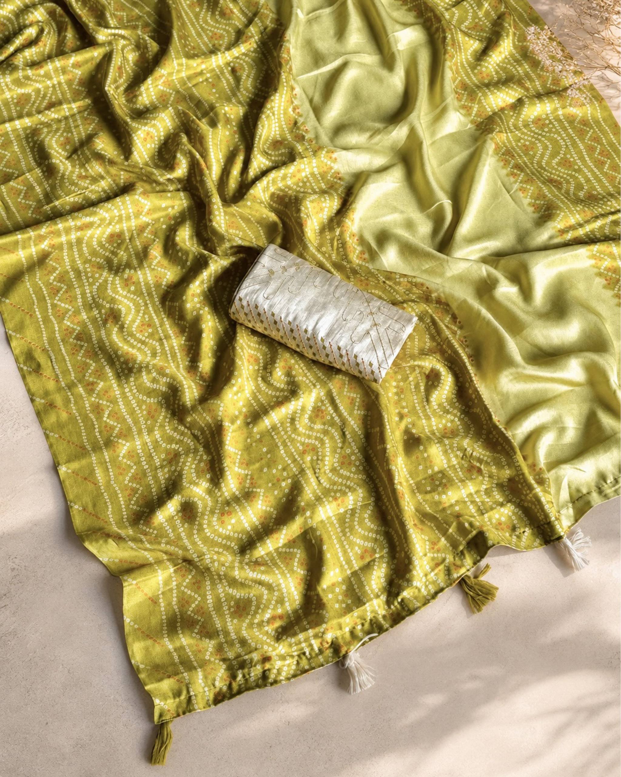 Lime Green Kota Linen Saree with Embroidered Banglori Satin Blouse