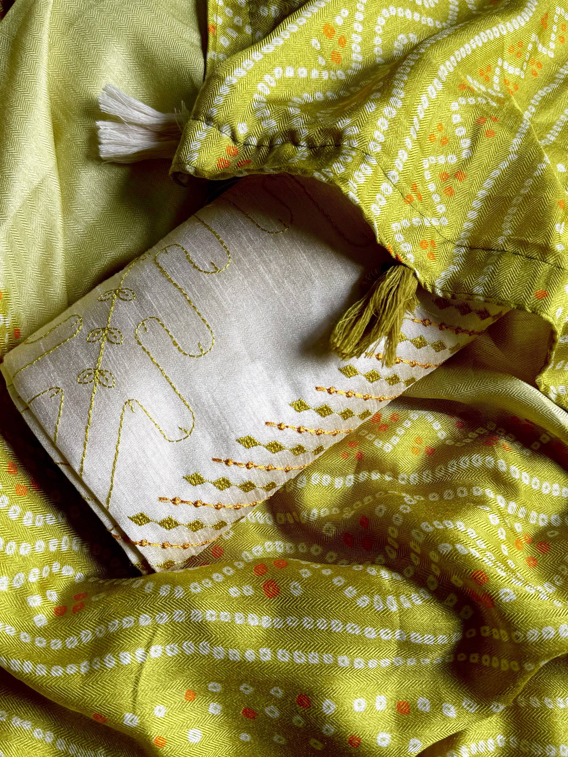 Lime Green Kota Linen Saree with Embroidered Banglori Satin Blouse
