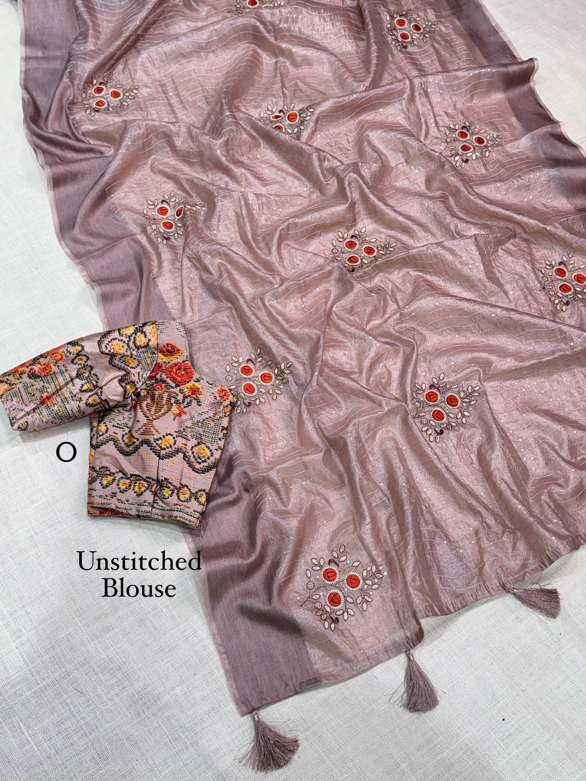 Dusty Rose Tissue Silk Saree with Contrast Printed Blouse & Sequin Embroidery
