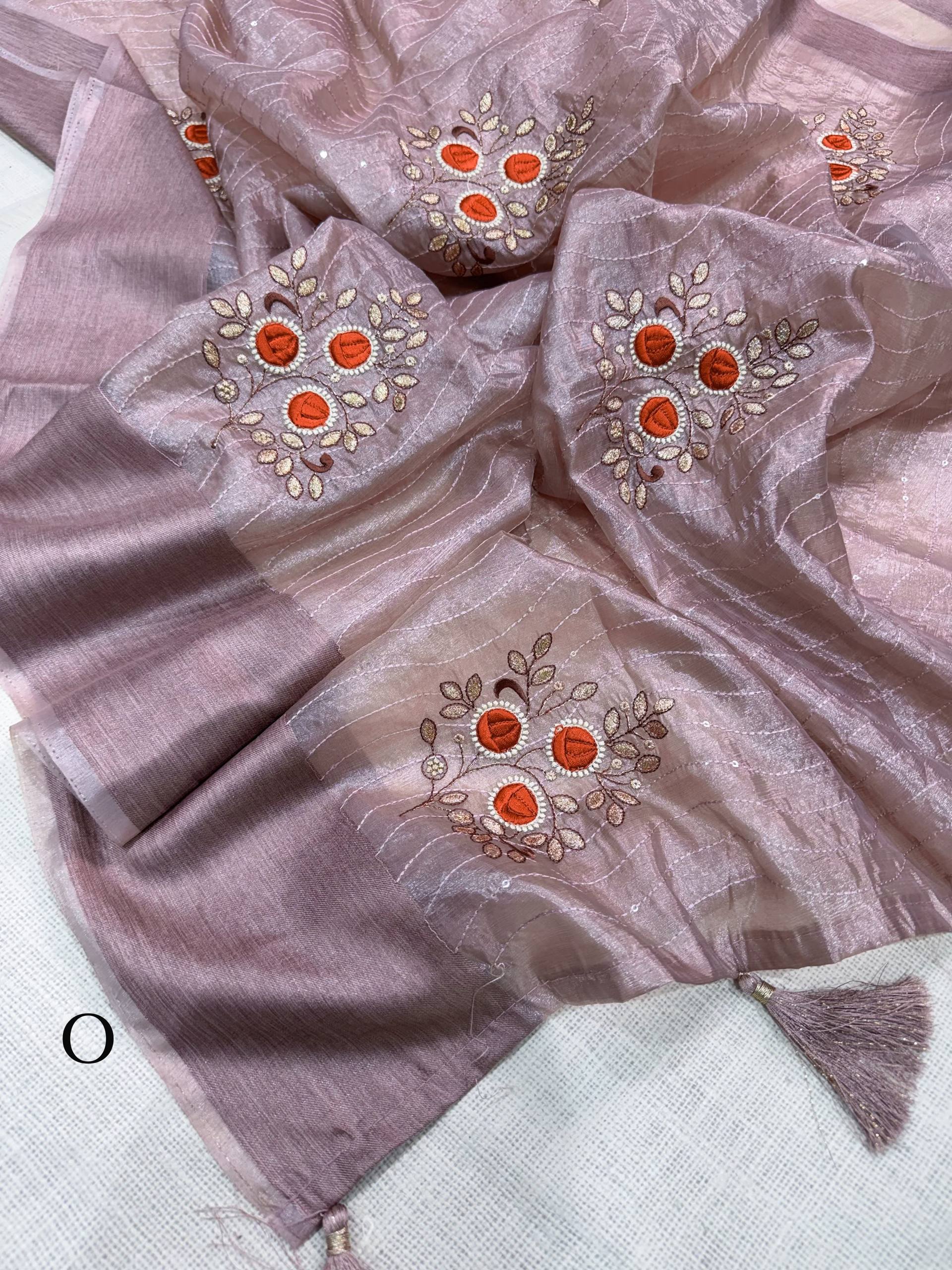 Dusty Rose Tissue Silk Saree with Contrast Printed Blouse & Sequin Embroidery