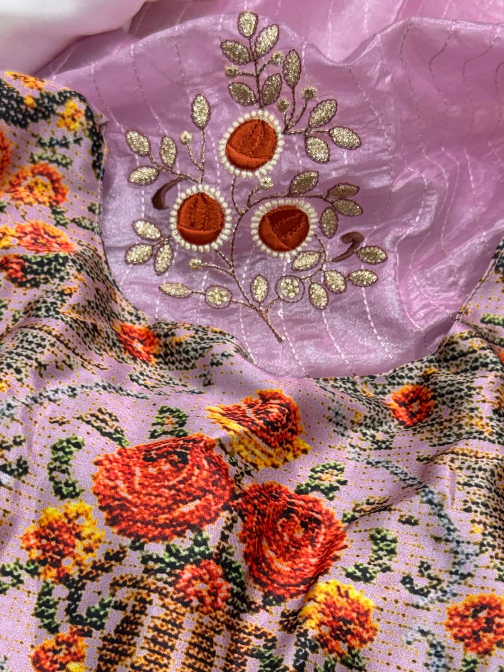 Lilac Tissue Silk Saree with Contrast Printed Blouse & Sequin Embroidery