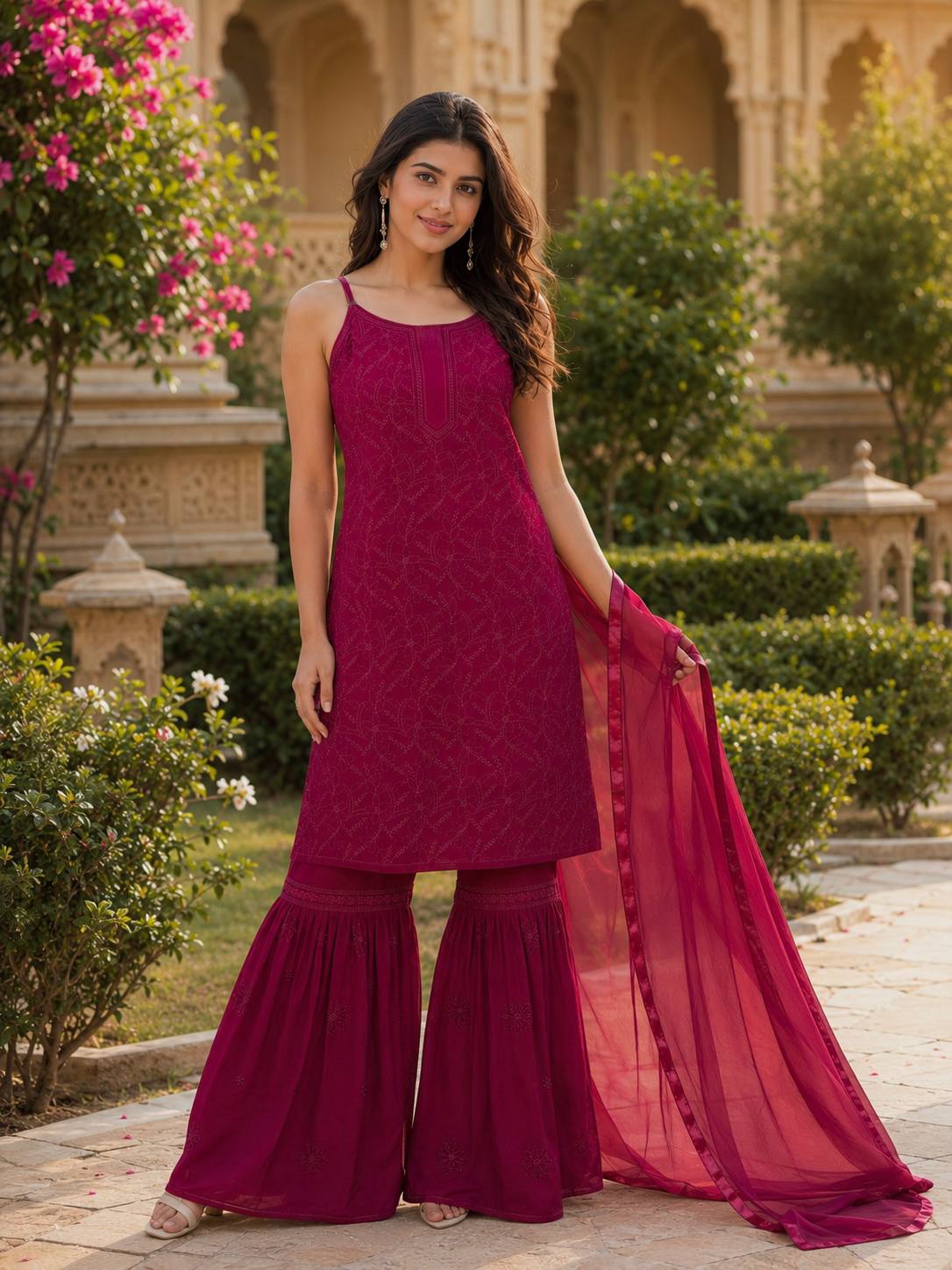 Wine Fox Blooming Georgette Embroidered Sharara Suit Set with Dupatta