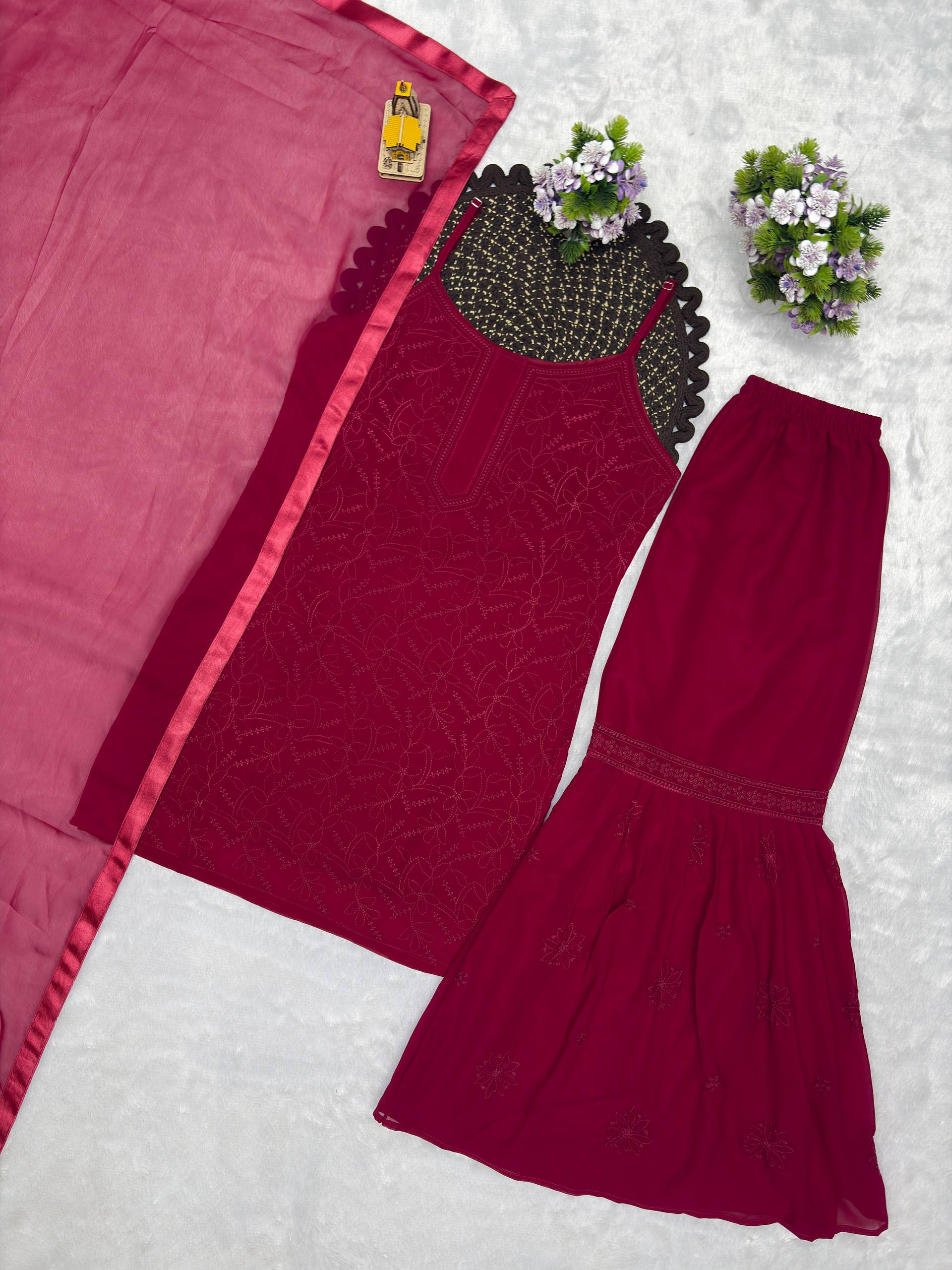 Wine Fox Blooming Georgette Embroidered Sharara Suit Set with Dupatta