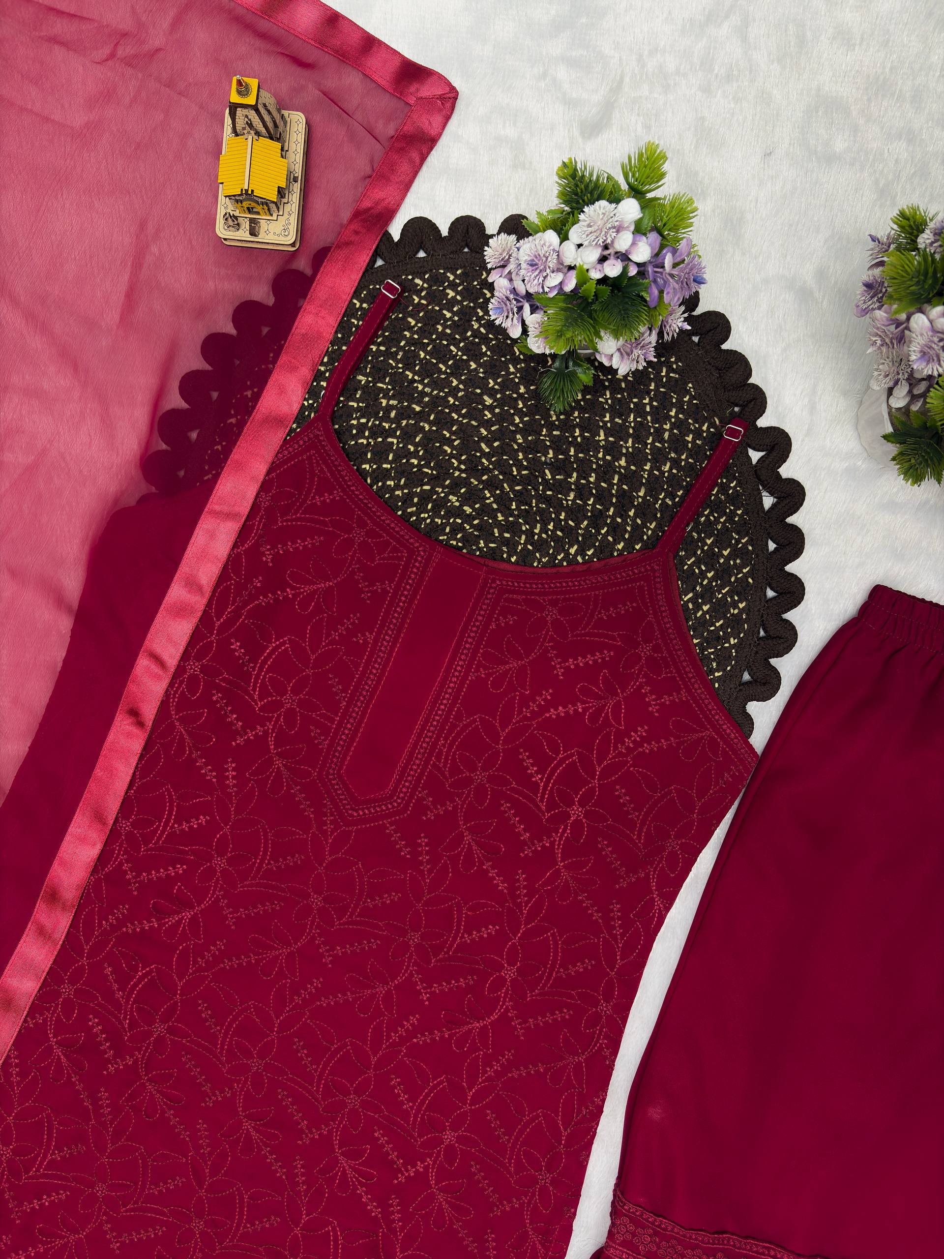 Wine Fox Blooming Georgette Embroidered Sharara Suit Set with Dupatta