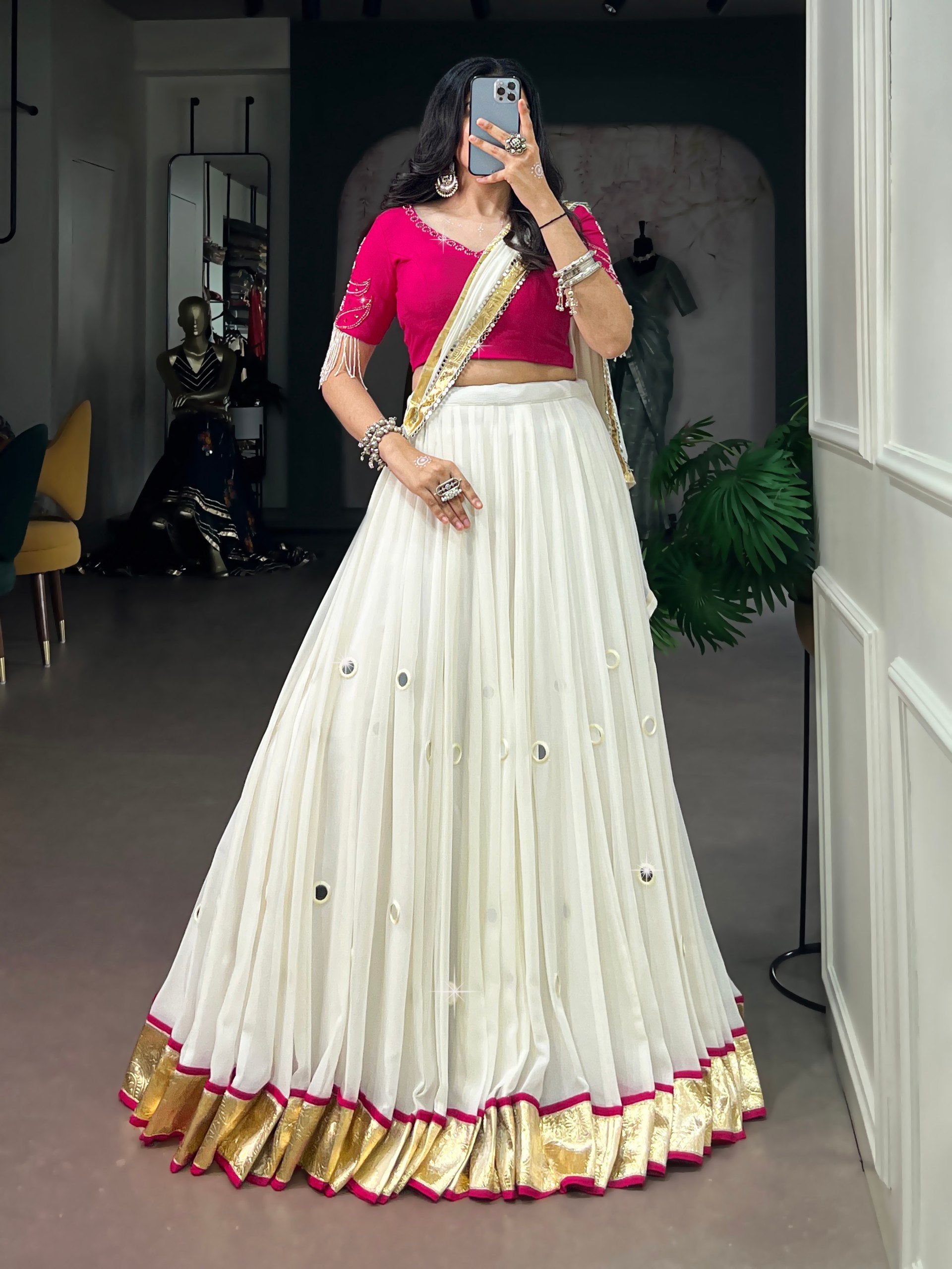 Ivory White Navratri Lehenga Choli Set with Rani Pink Blouse & Mirror Work Dupatta