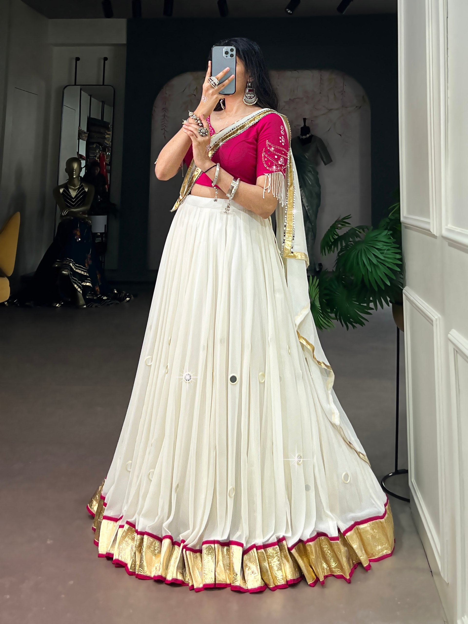 Ivory White Navratri Lehenga Choli Set with Rani Pink Blouse & Mirror Work Dupatta