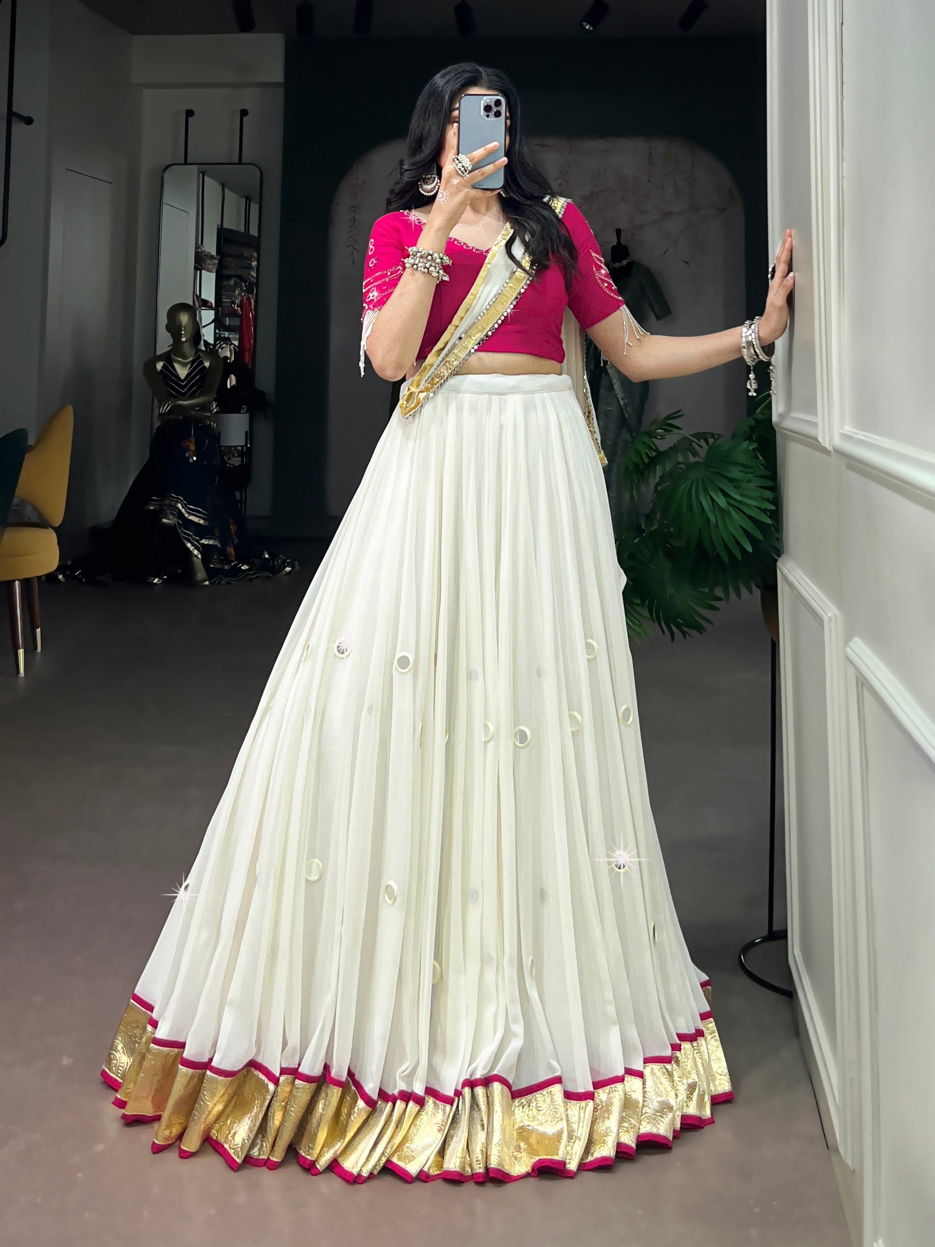 Ivory White Navratri Lehenga Choli Set with Rani Pink Blouse & Mirror Work Dupatta