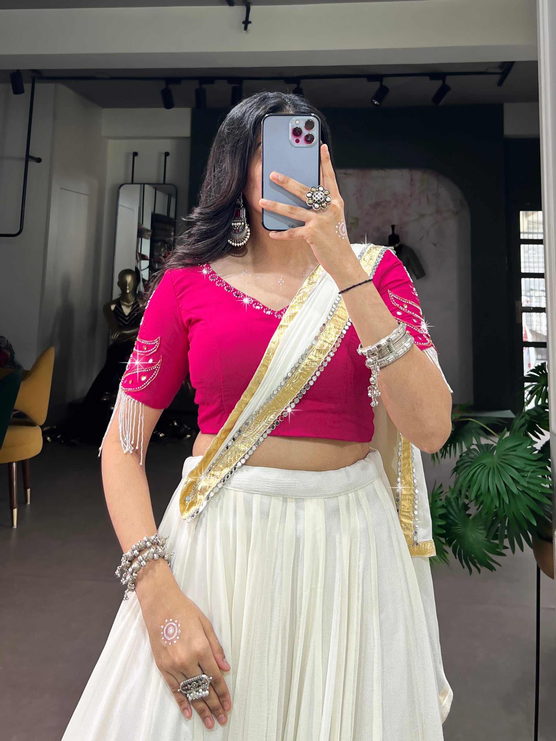 Ivory White Navratri Lehenga Choli Set with Rani Pink Blouse & Mirror Work Dupatta