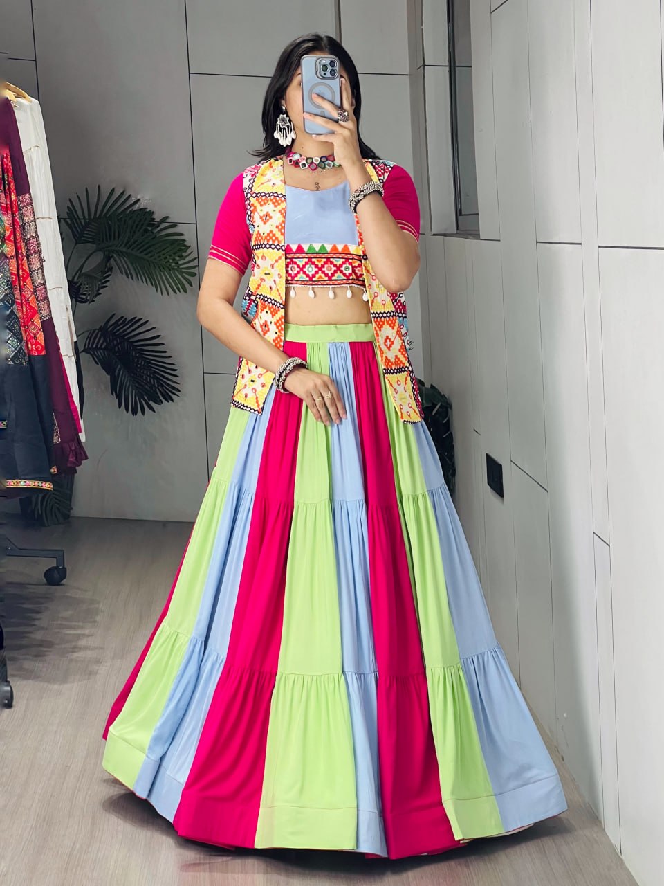 Pastel Multicolor Pure Rayon Cotton Navratri Lehenga Choli with Mirror Work Koti