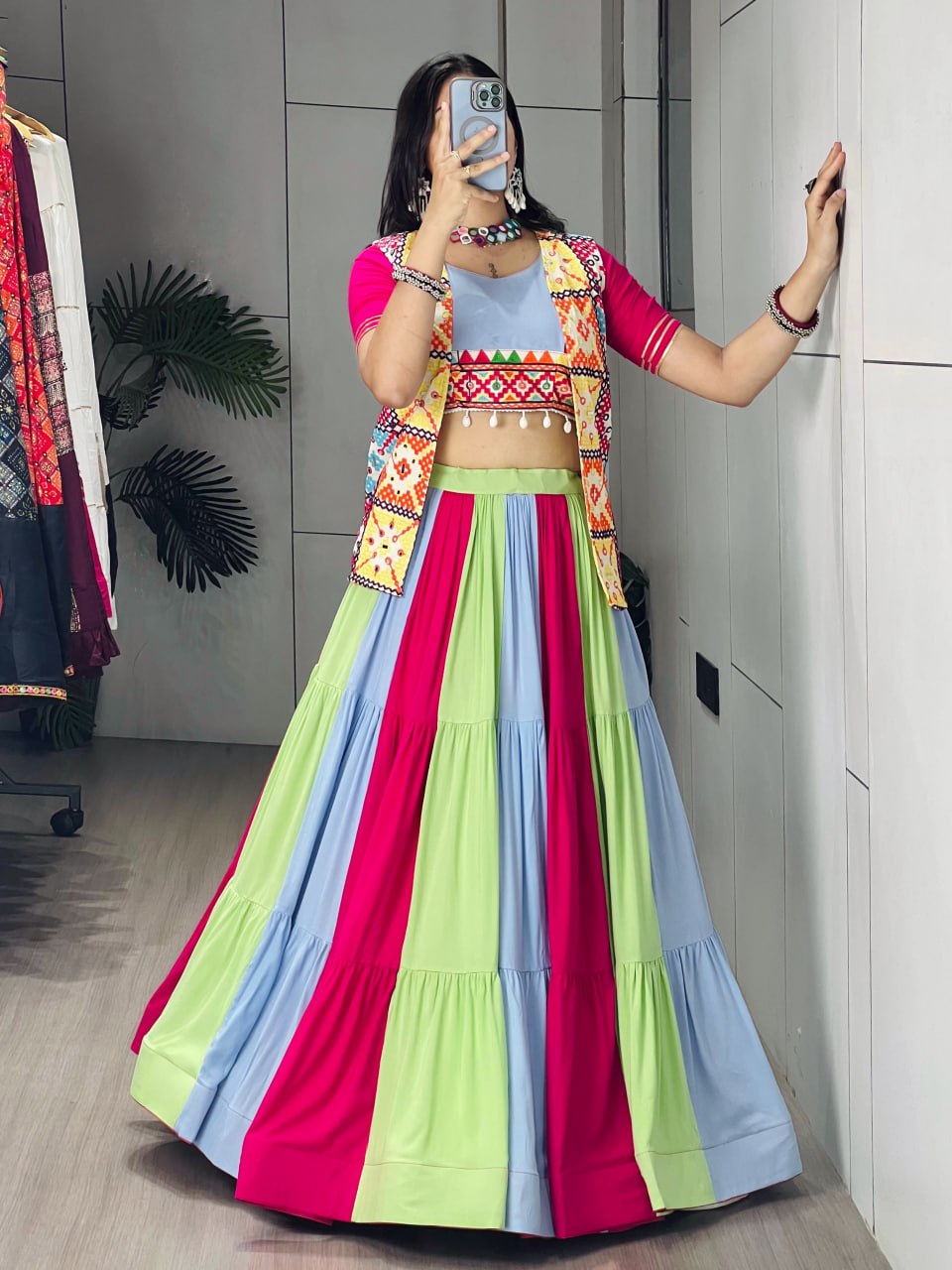 Pastel Multicolor Pure Rayon Cotton Navratri Lehenga Choli with Mirror Work Koti