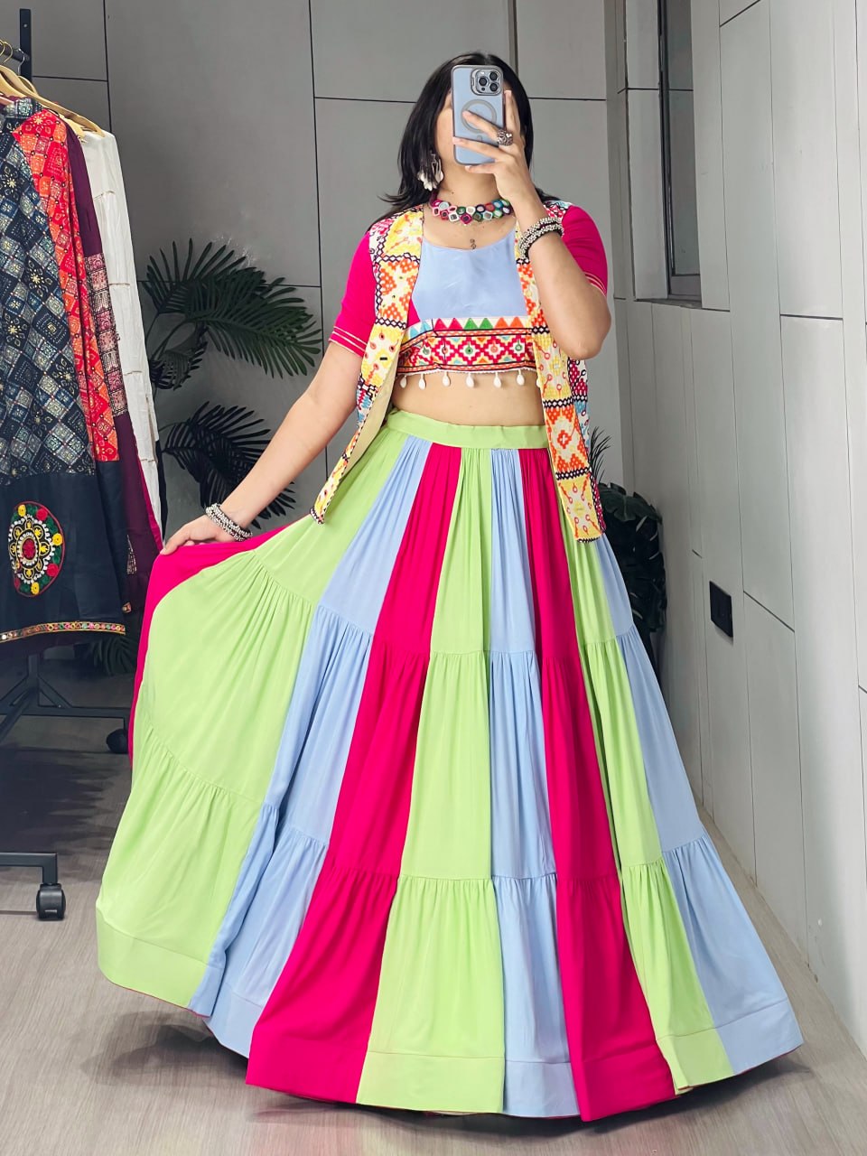 Pastel Multicolor Pure Rayon Cotton Navratri Lehenga Choli with Mirror Work Koti