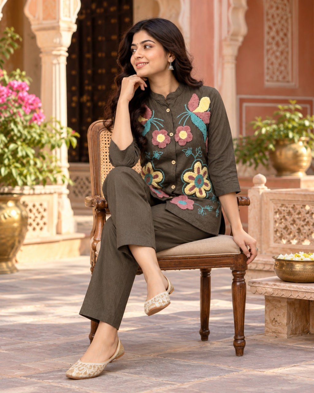 Dark Brown Embroidered Co-Ord Set for Women with Heavy Loop Work