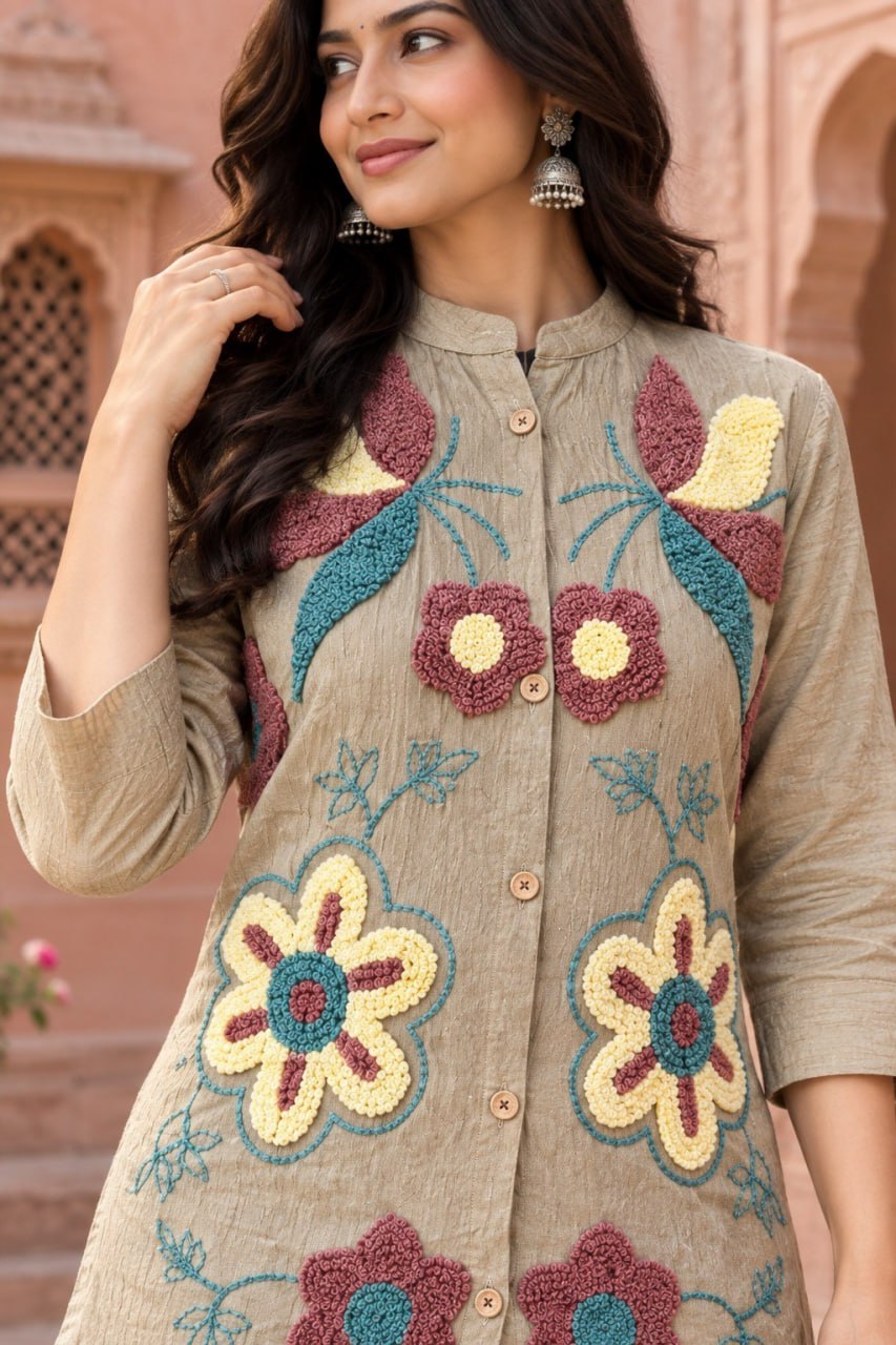 Beige Floral Embroidered Co-Ord Set for Women with Heavy Loop Work