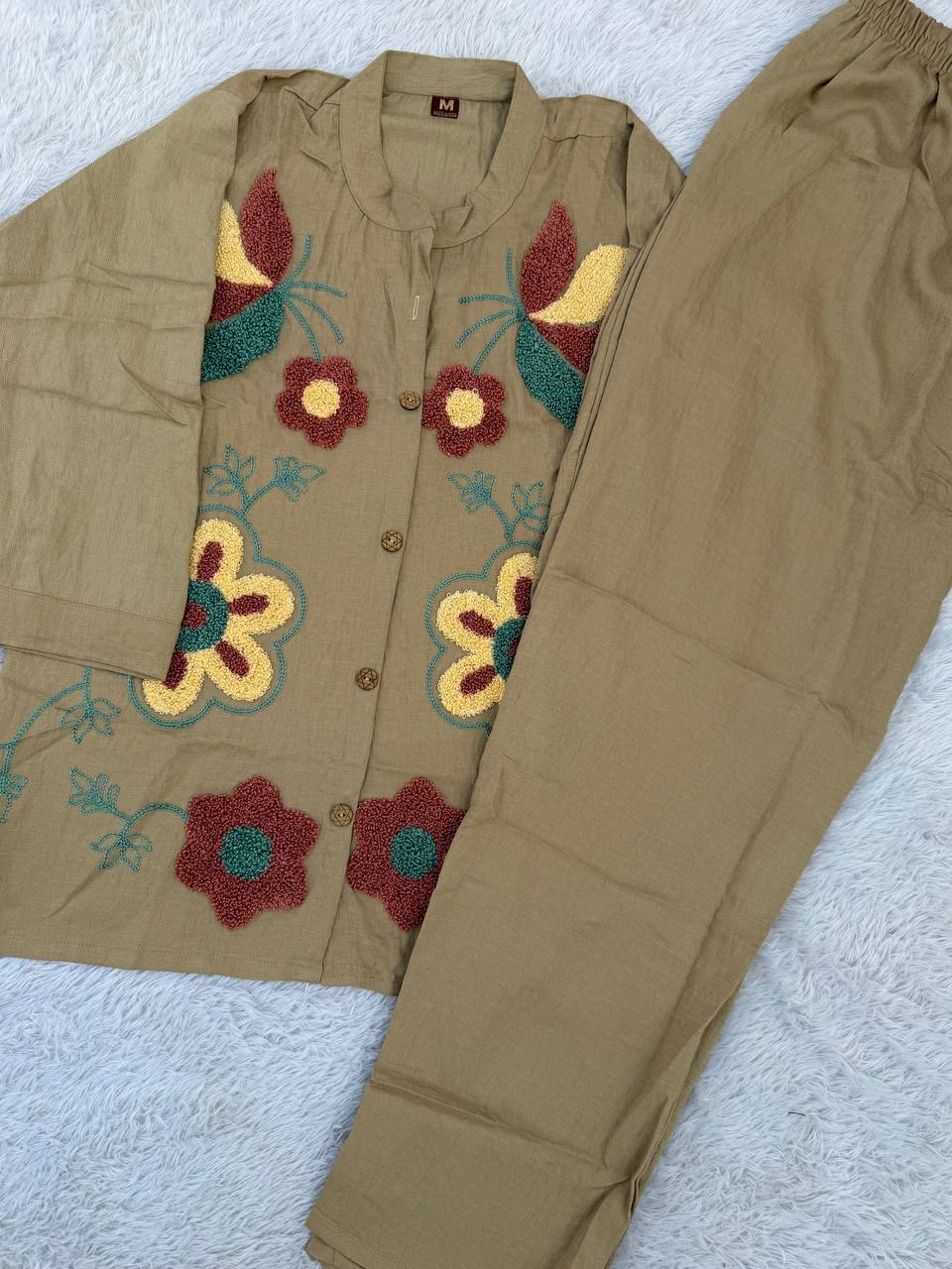Beige Floral Embroidered Co-Ord Set for Women with Heavy Loop Work