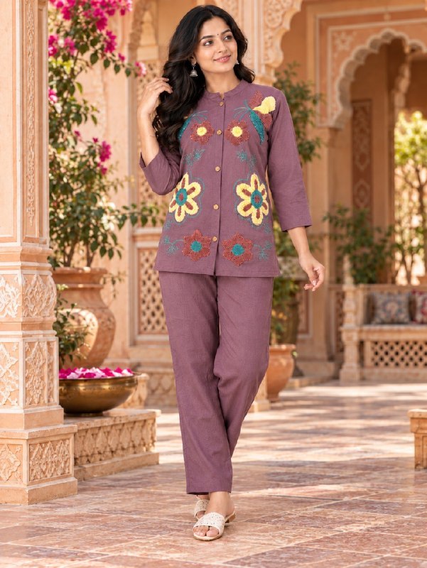 Mauve Purple Floral Embroidered Co-Ord Set for Women with Heavy Loop Work