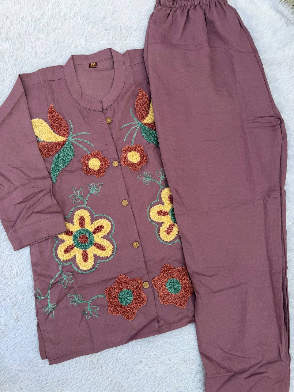 Mauve Purple Floral Embroidered Co-Ord Set for Women with Heavy Loop Work