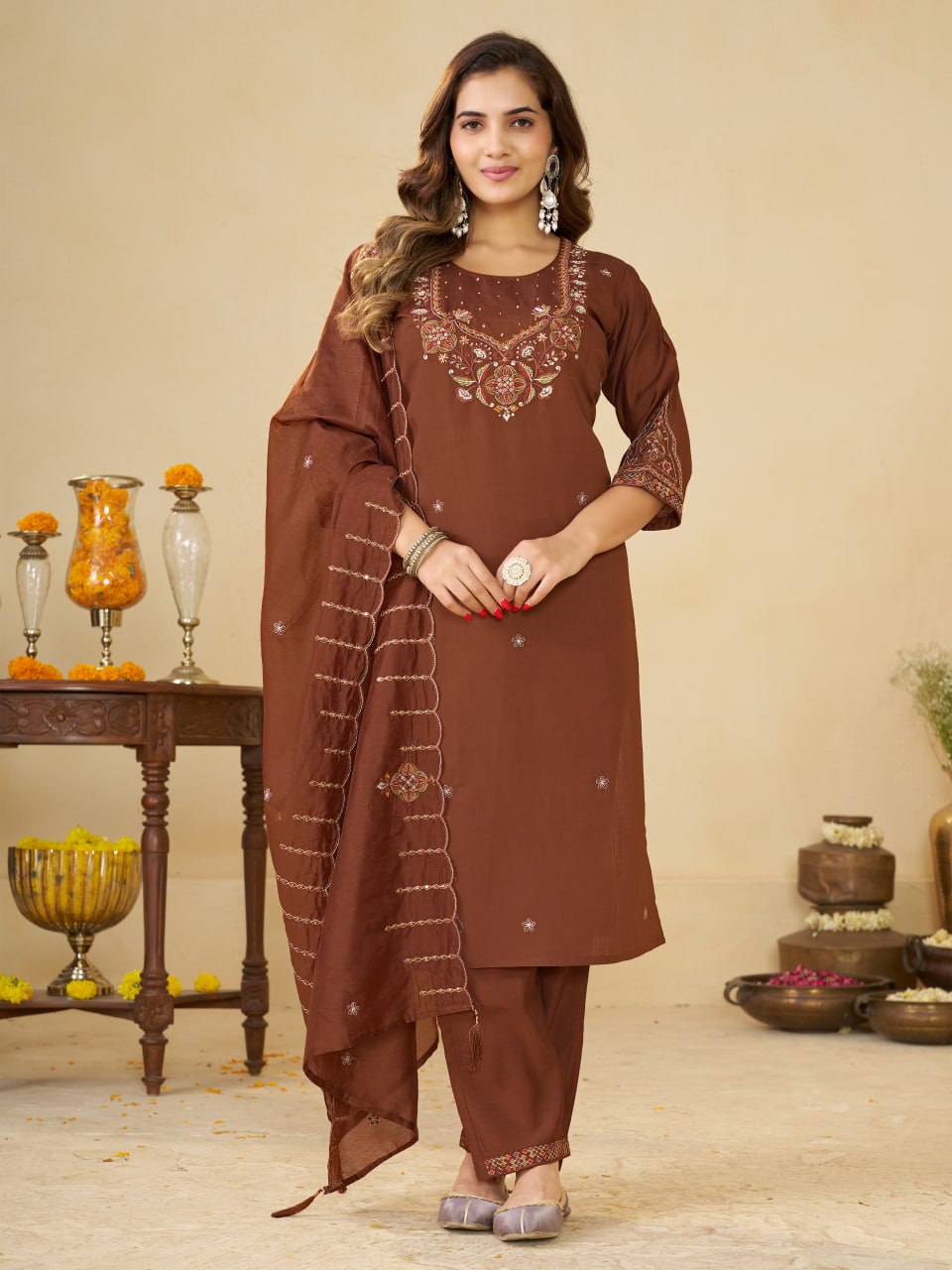 Chocolate Brown Marina Silk Embroidered Kurti Pant Set with Maslin Dupatta