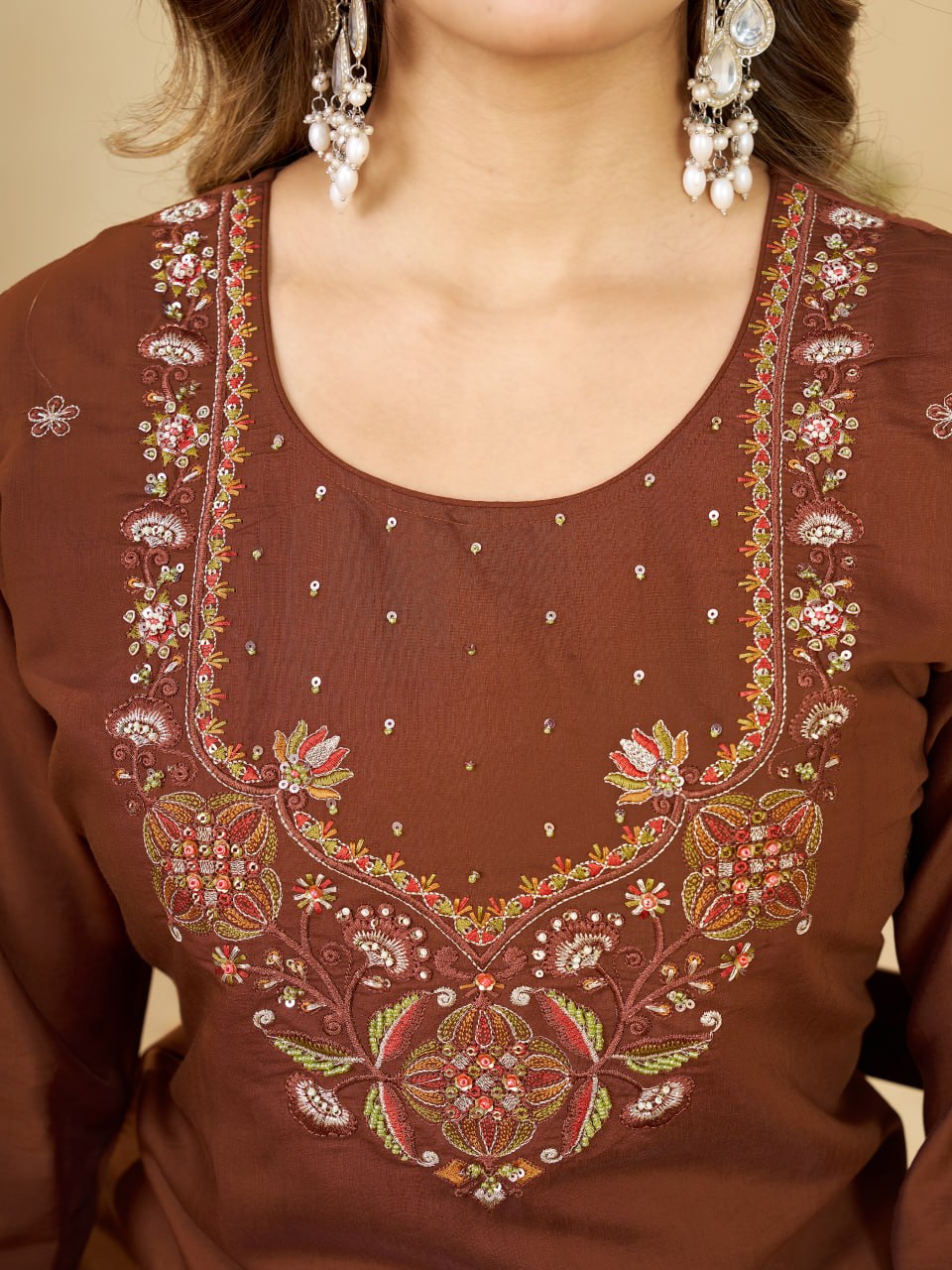 Chocolate Brown Marina Silk Embroidered Kurti Pant Set with Maslin Dupatta