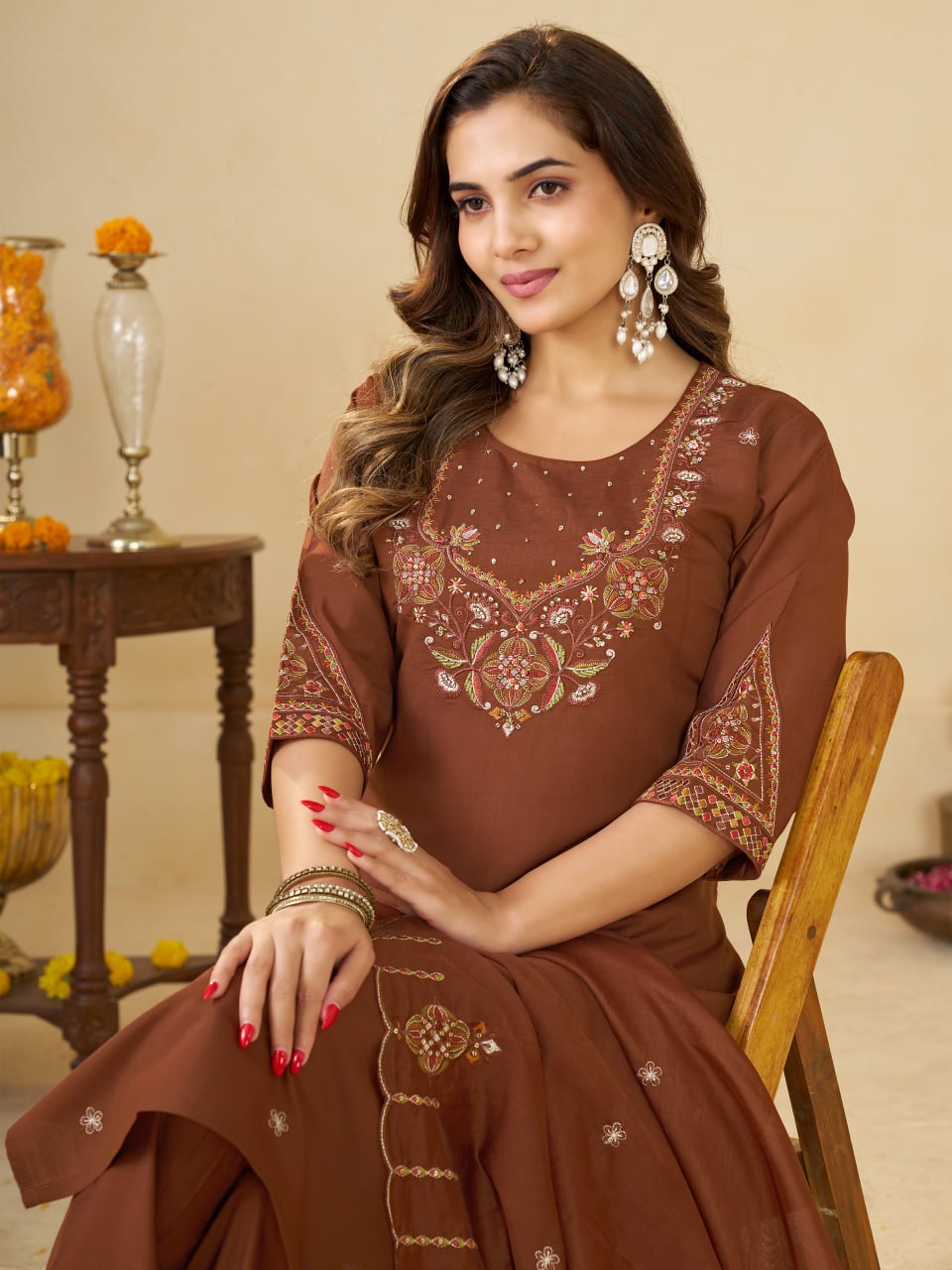 Chocolate Brown Marina Silk Embroidered Kurti Pant Set with Maslin Dupatta