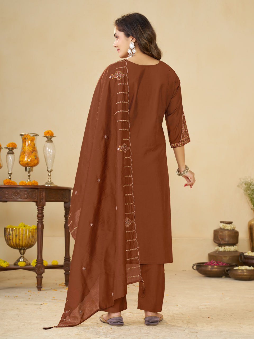 Chocolate Brown Marina Silk Embroidered Kurti Pant Set with Maslin Dupatta