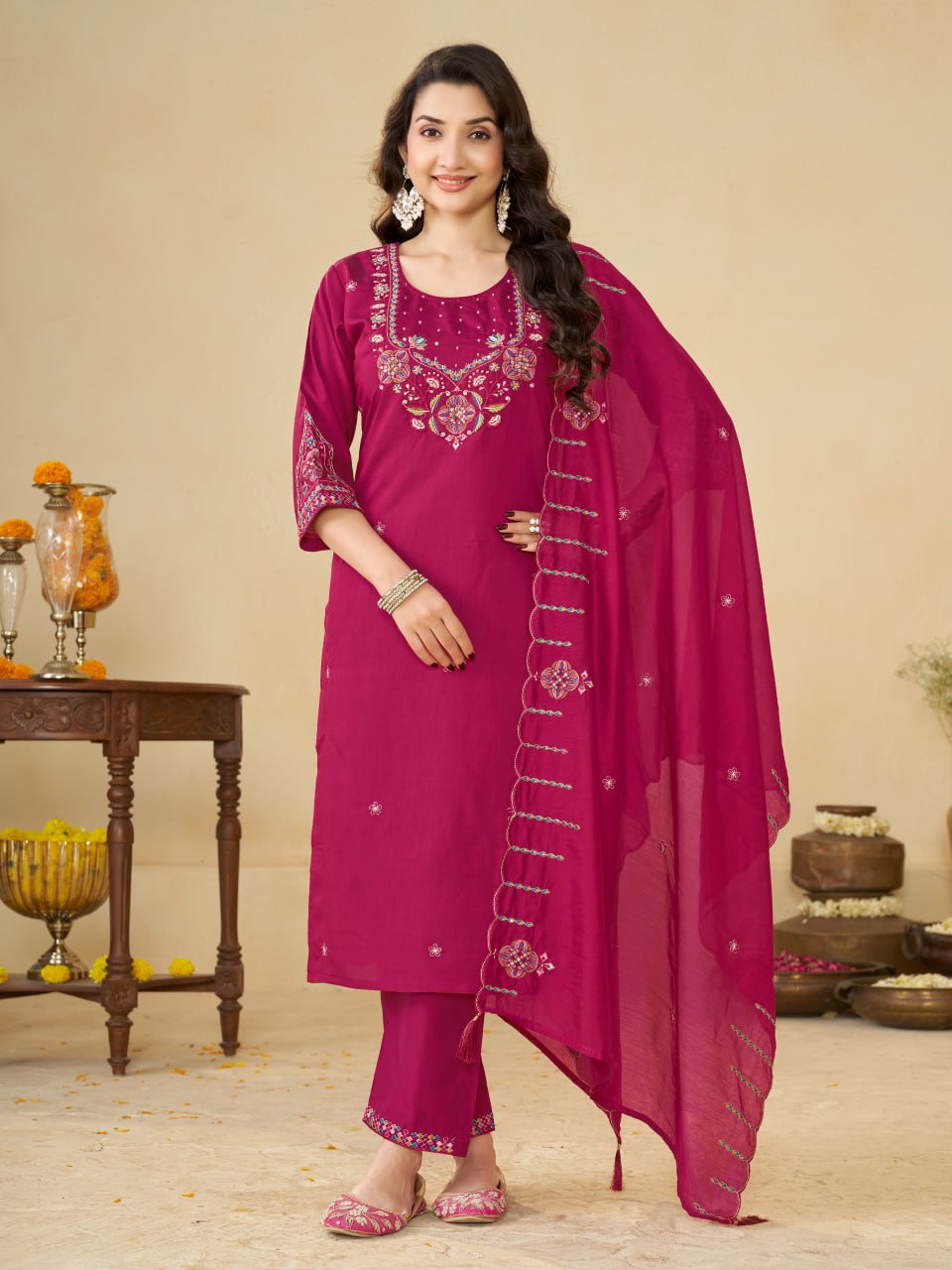 Rani Pink Marina Silk Embroidered Kurti Pant Set with Maslin Dupatta