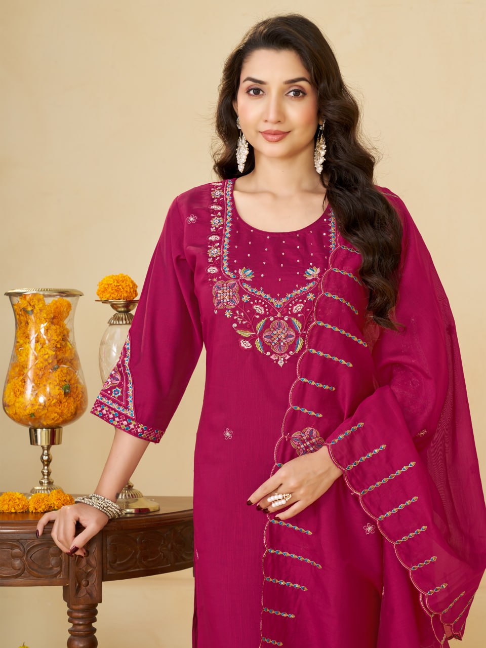 Rani Pink Marina Silk Embroidered Kurti Pant Set with Maslin Dupatta