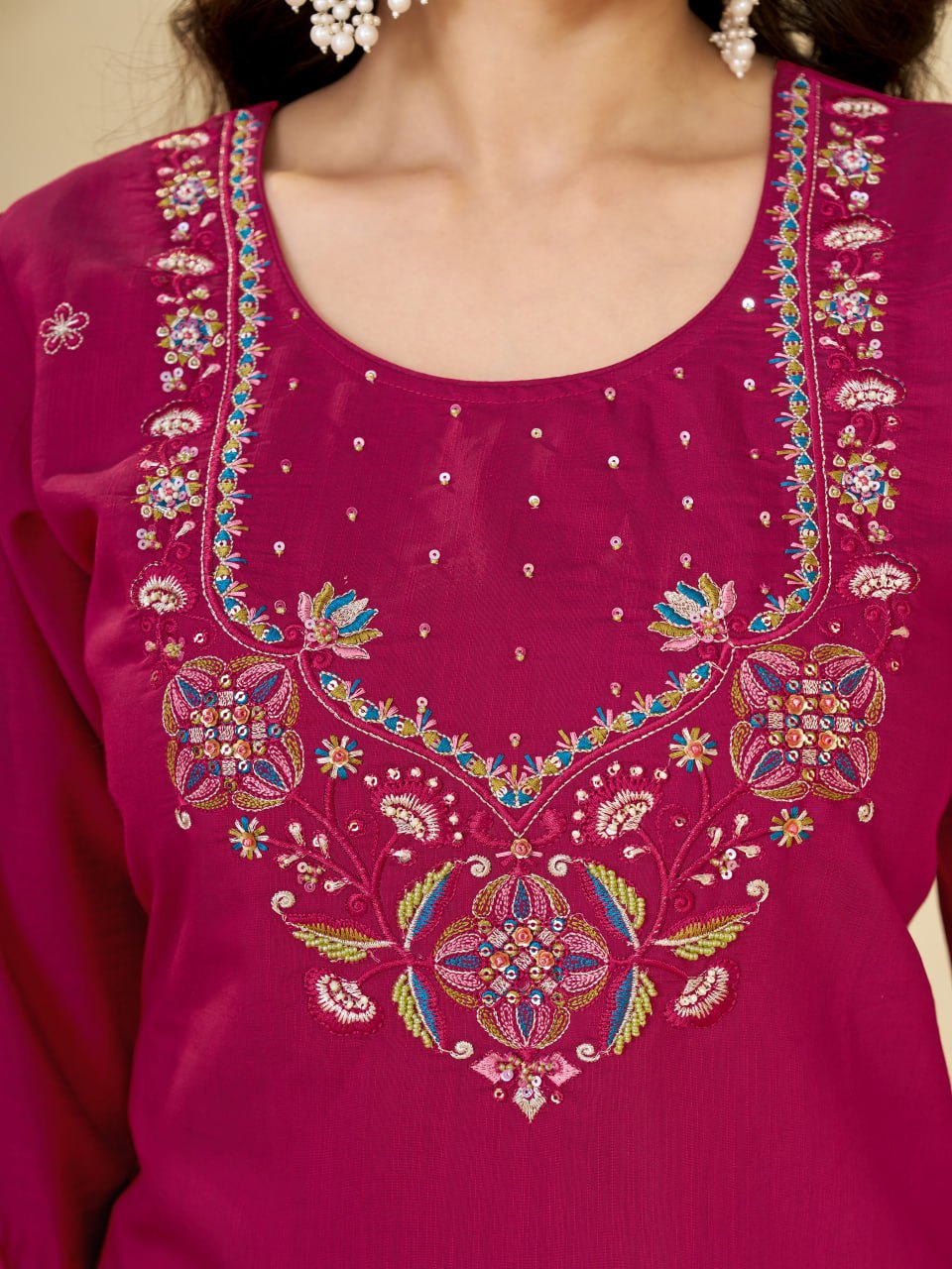 Rani Pink Marina Silk Embroidered Kurti Pant Set with Maslin Dupatta